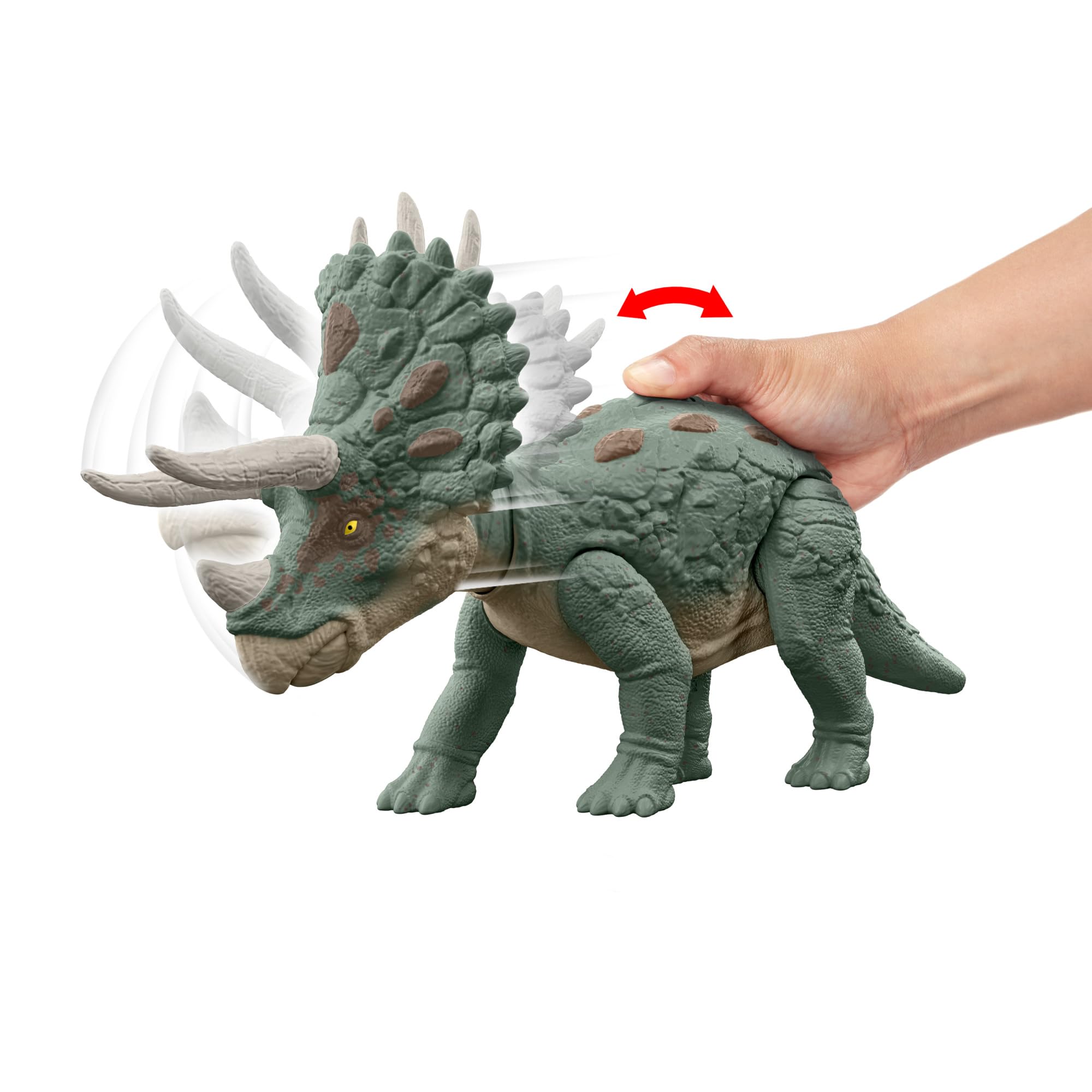 Mattel Jurassic World Gigantic Trackers Triceratops Dinosaurio de juguete con movimientos de ataque, +4 años (HTK79)