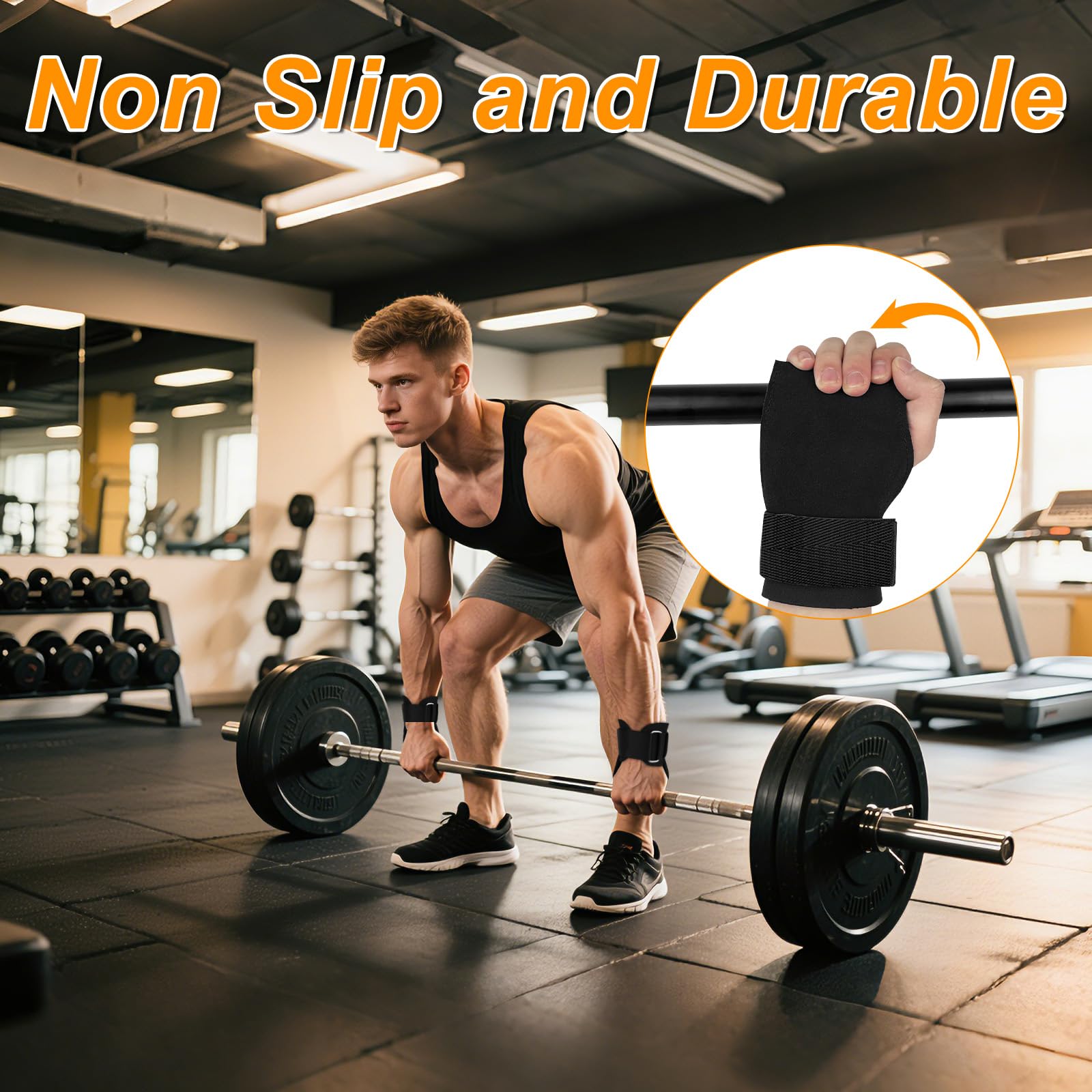 Cinghie da Polso per Sollevamento Pesi, Straps Palestra, Grip Palestra, Sollevamento Pesi in Pell con Wrist Wraps, per Sollevamento Pesi, Deadlift, Allenamento di Forza, Nero