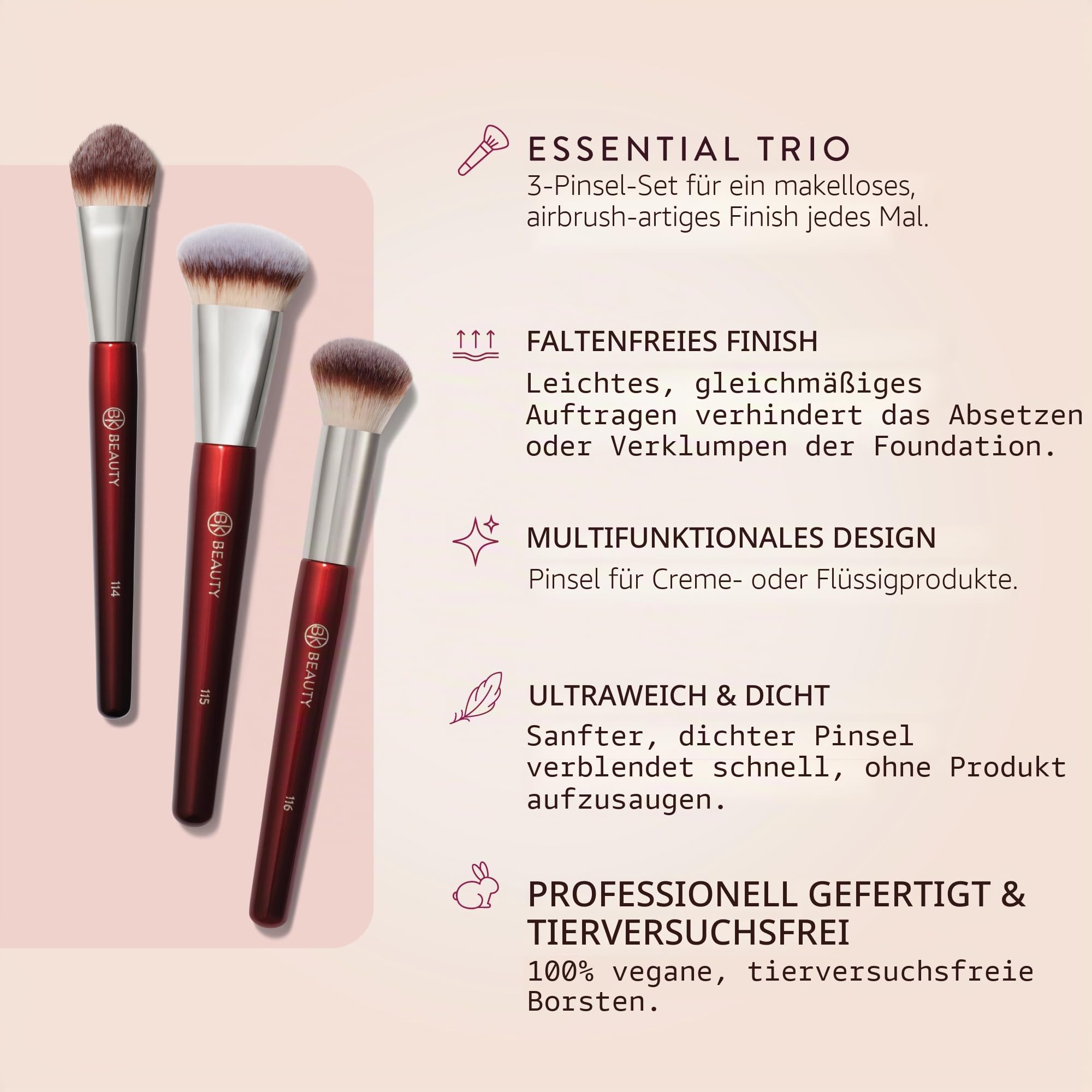 BK Beauty Core Teint Trio Make-up-Pinsel-Set (3-teilig) – Foundation-, Concealer- und Mischpinsel für Flüssigkeit, Creme und Puder – vegan, tierversuchsfrei, ultraweiche Gesichts-Make-up-Pinsel | Foundation, Concealer und Blending Pinsel für Flüssigkeit,
