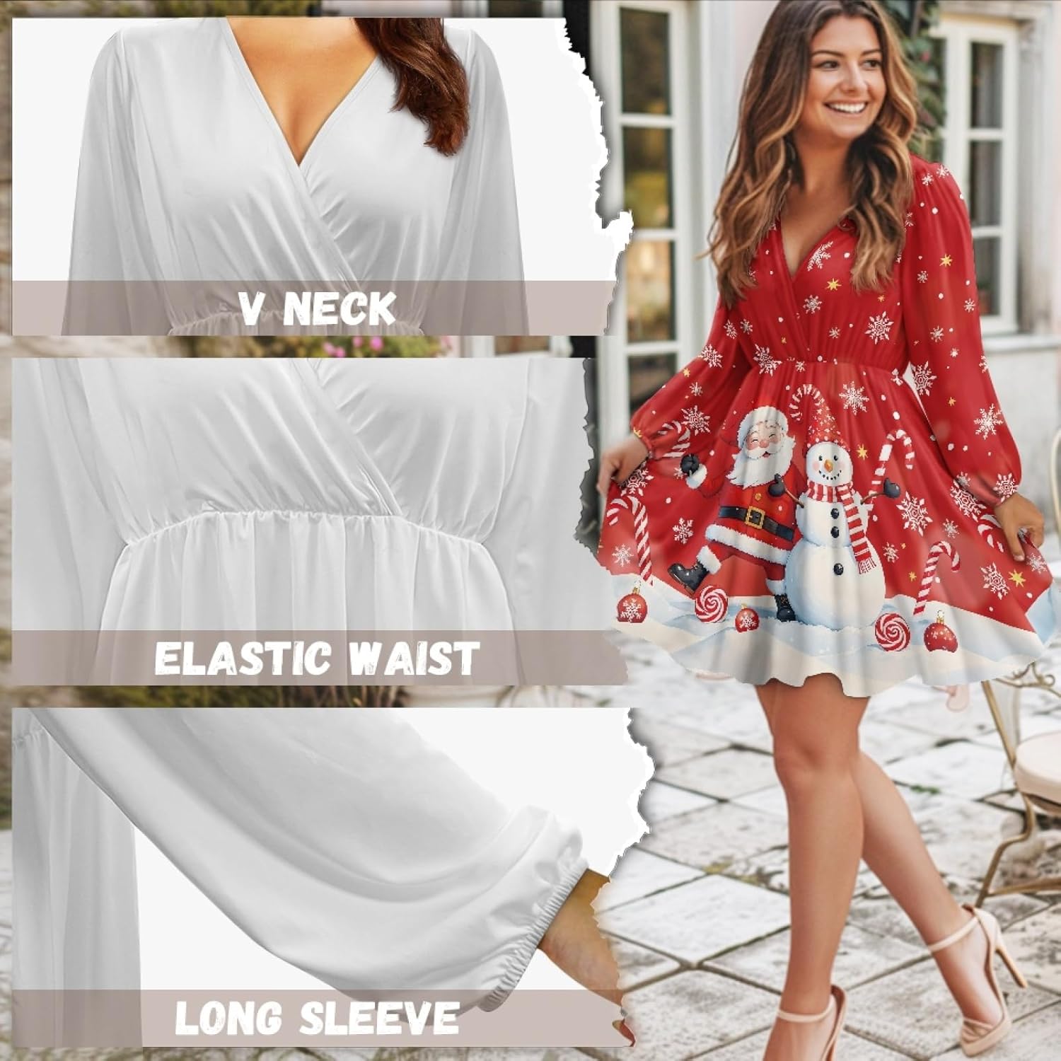 CLOHOMIN Women Long Sleeve Dresses Party A Line Dress Casual Swing Midi Dress High Waistline Pleated Dress