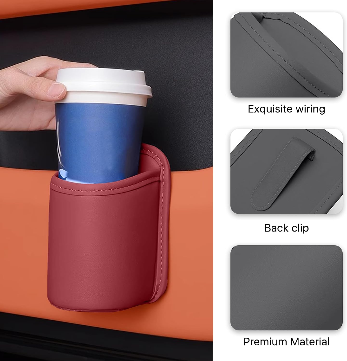 Car Door Cup Holder, Leather Clip On Backseat Pocket Beverage Holder, Waterproof Scratch-Resistant Vehicle Window Cup Holder, Multifunctional Storage for Water Cup Phone Change (Red) image 4