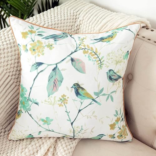 Miniatura 4 de VOGOL Juego de 2 fundas de almohada estampado de pájaros verdes y flores fundas de almohada para decoración del hogar 18 x 18 pulgadas funda de