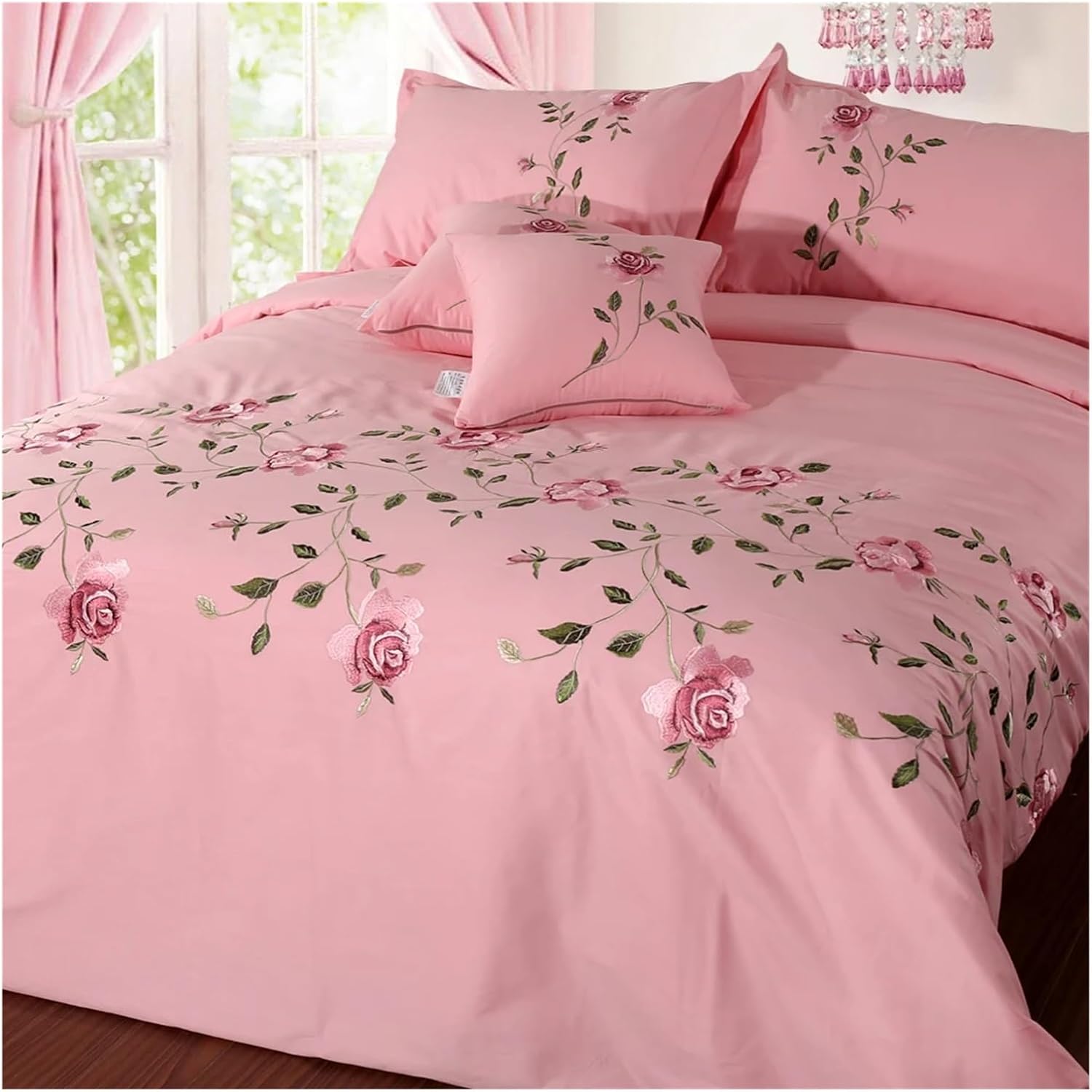 V-intage Flowers Embroidered White Pink Grey Duvet Cover Bed Sheet Pillowcases Twin Full Queen King Size Cotton Soft Bedding Set,Bed