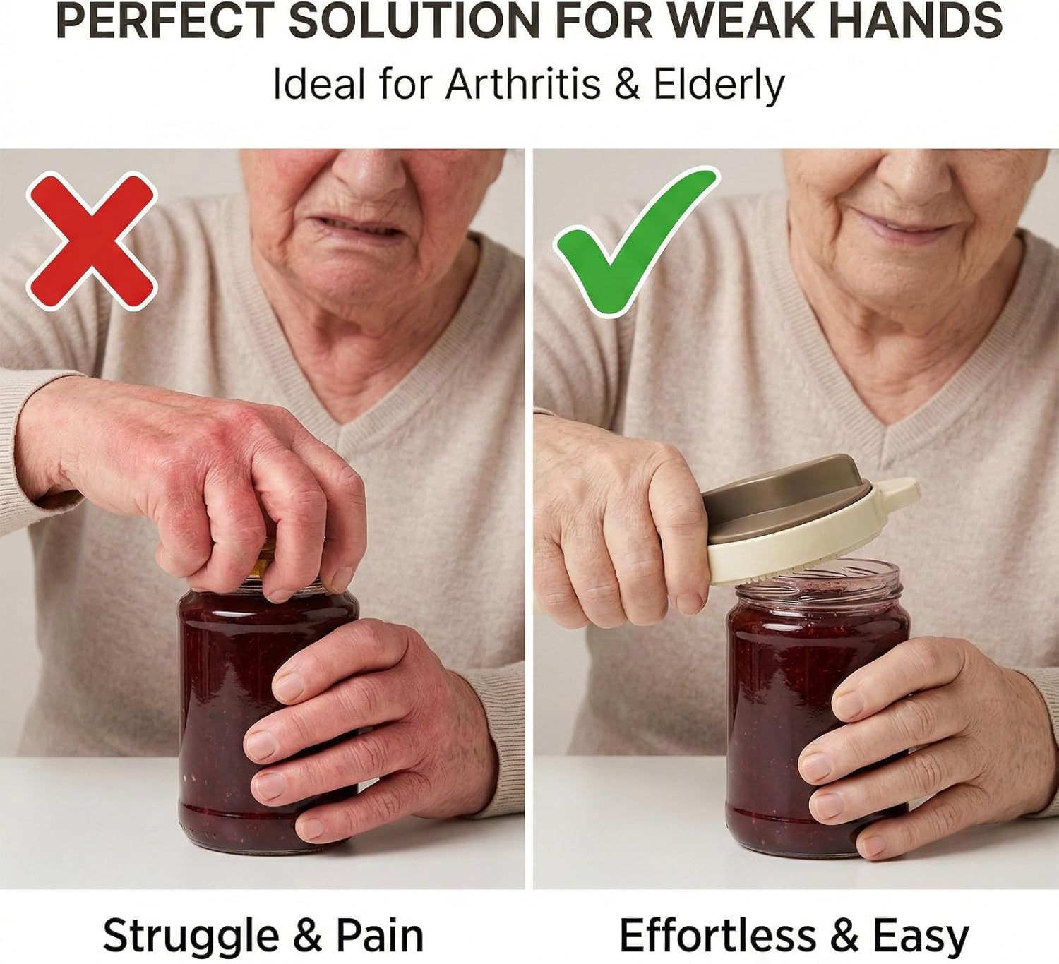 4-in-1 Jar Opener, Ergonomic Opener for Seniors & People with Limited Grip Strength, Stainless Steel Easy to Use for Bottles, Jars, Canned Goods Fits 1-3.5 Inch Caps (2, Gray)