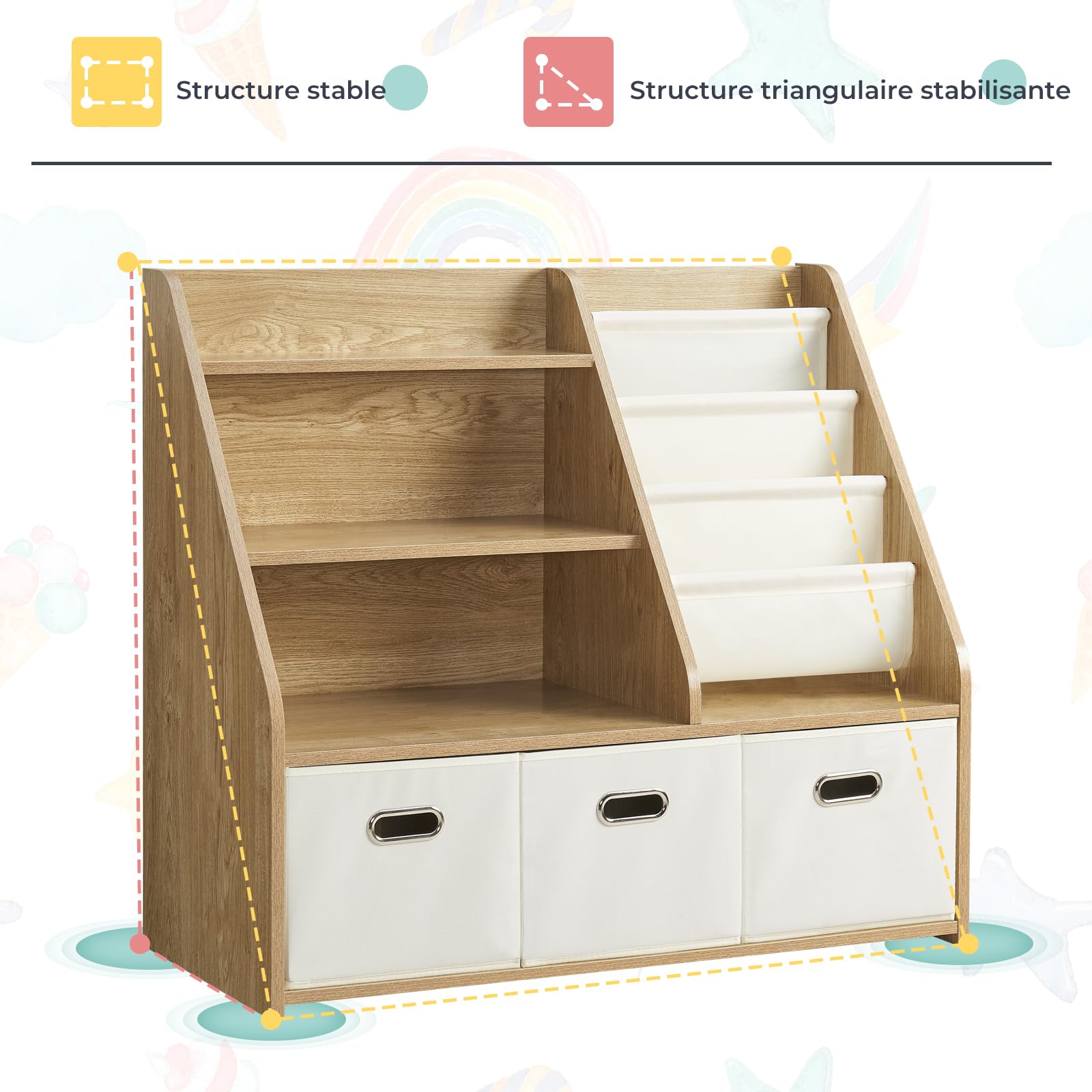 Étagère pour enfant avec rangement de jouets – Étagère à livres en bois à 4 niveaux pour tout-petits avec 3 tiroirs mobiles | Bibliothèque Montessori & organisateur de rangement pour chambre d'enfant