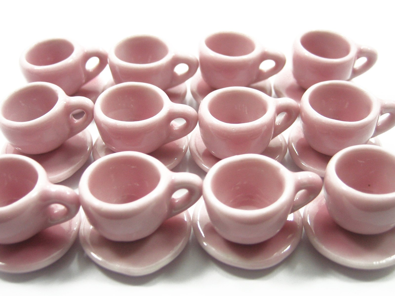 Dollhouse Miniature Ceramic 12/24 Pink Coffee Tea Cup Saucer Round Plate 1:6 Compatible with Barbie #M 4113