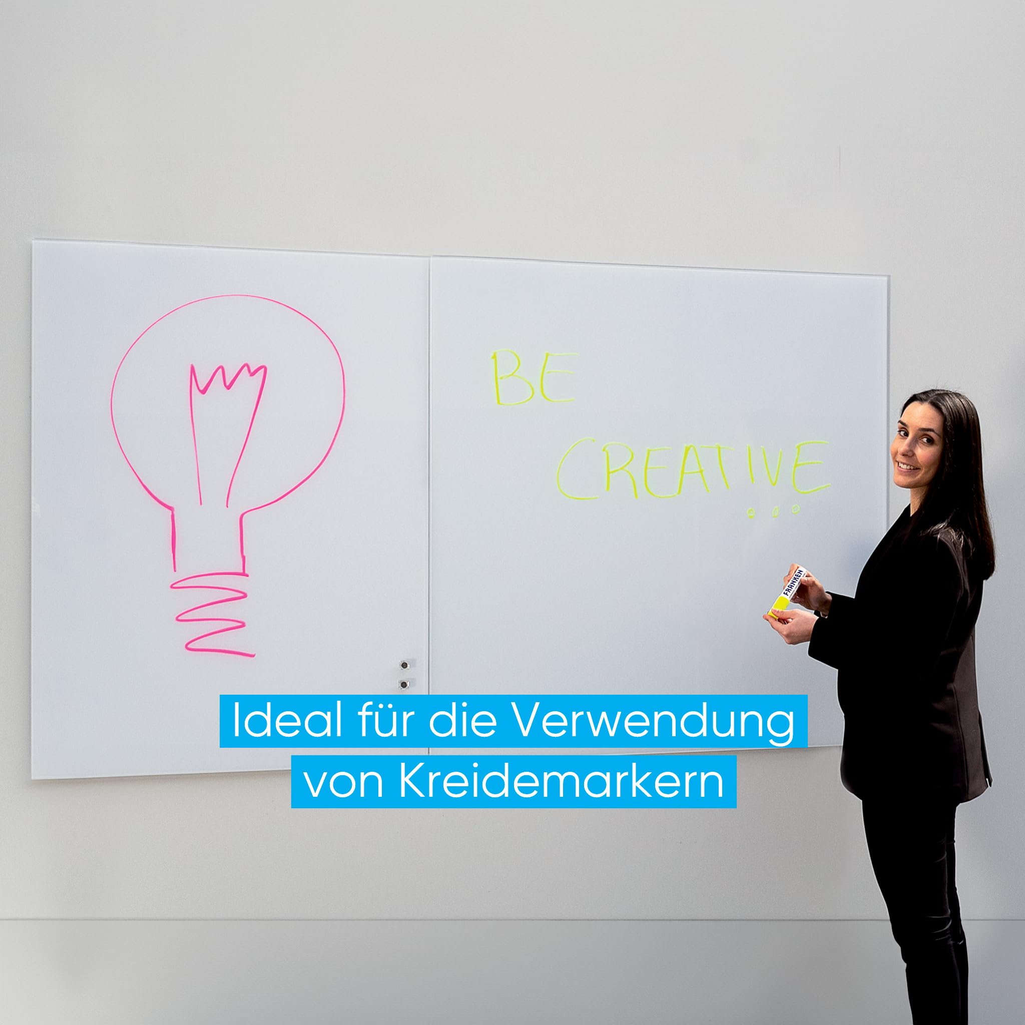 FRANKEN Whiteboard aus Glas, magnetisch und beschreibbar, Design-Schreibtafel ohne Rahmen, Magnettafel zur Wandmontage, inkl. Magnete, Weiß, 120 x 90 cm, GTL9012009