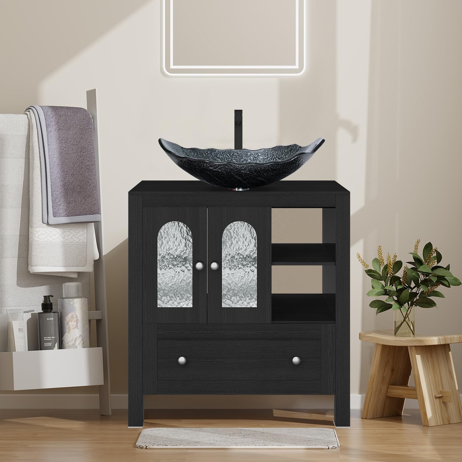 30-Inch Black Bathroom Vanity with Water Ripple Design Door, Modern Stylish Cabinet with Silver Leaf Glass Sink Top