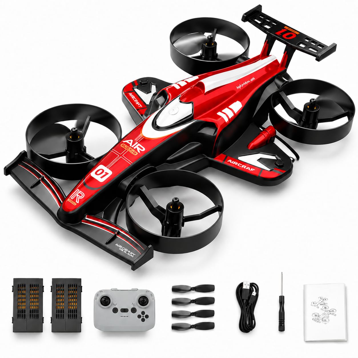 Mini drone RC 2 in 1 per bambini – rosso, modalità volo e pavimento, apertura a 360°, altezza 3 velocità, luci LED, avvio a tasto, rosso