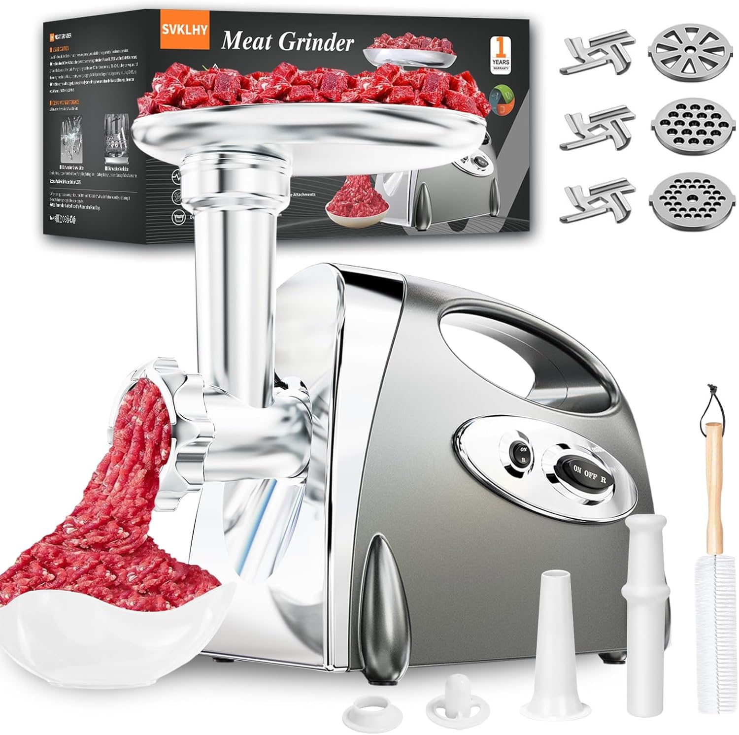 Electric Meat Grinder: [3000W Superior Motor] [Exquisite Box] Meat Grinder with 6 PCS Stainless Steel Blades & Grinding Plates, Sausage Stuffer Tubes & Kubbe Kit Portable Handle for Gift (Space Gray)