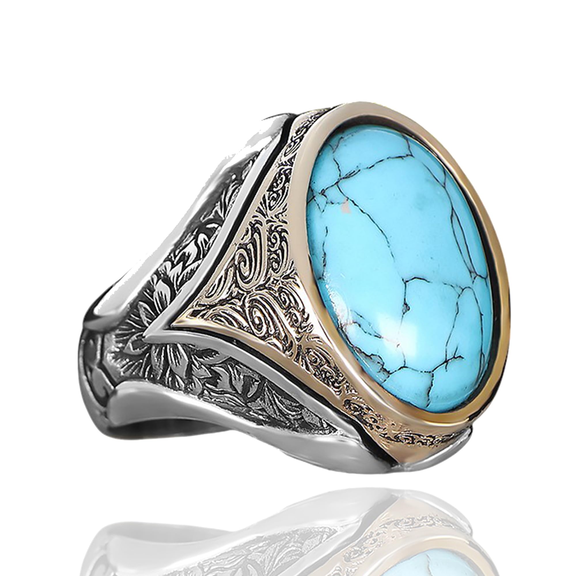 Mens Oval Turquoise Signet Ring Premium Silver Plated Stainless Steel Vintage Engraved Statement Ring for Men 10