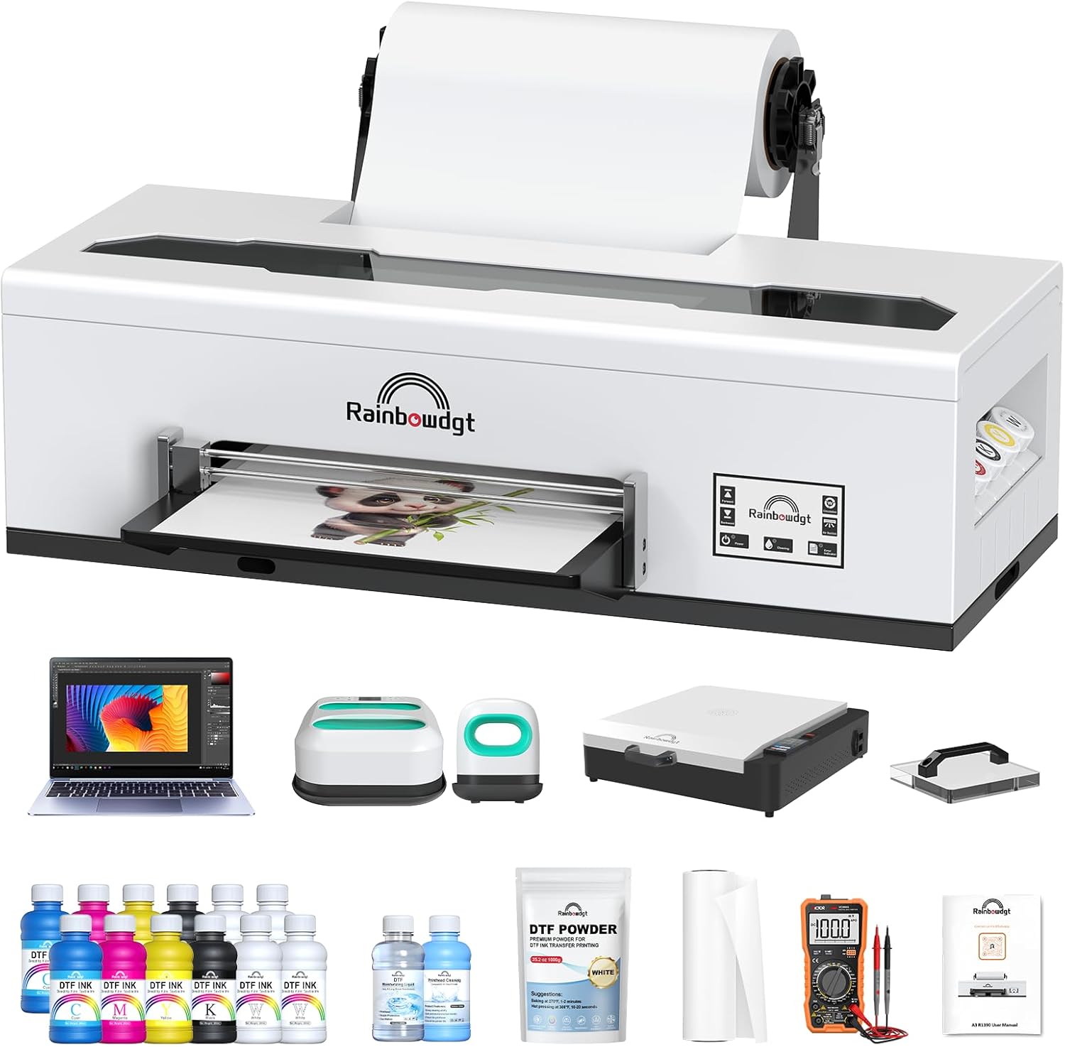 RAINBOWDGT R1390 DTF Printer, A3 T-Shirt Printing Machine with Oven and Laptop Bundle, 13" DTF Apparel Printer, Direct to Film Heat Transfer, Suitable for Cotton, Denim, Canvas