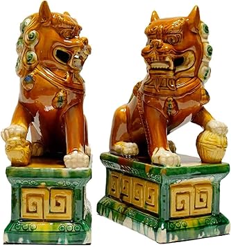 Chinese Statue, Fu Foo Dogs Statues Pair,Chinese Guardian Lion Statues, Feng Shui Decor,Housewarming Congratulatory,Ceramic Foo Dogs Sculpture,A