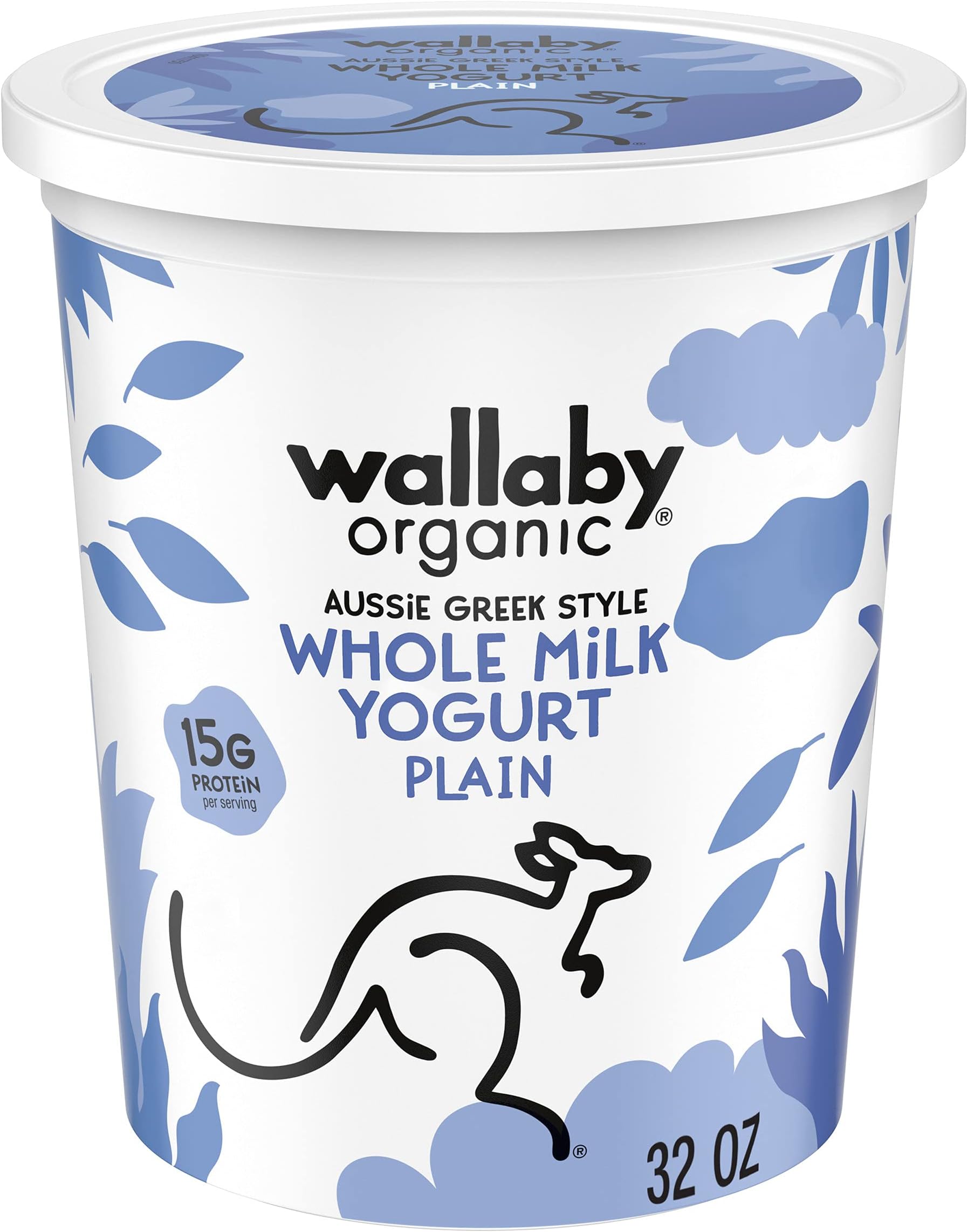 Wallaby Organic Whole Milk Plain Greek Yogurt, High Protein, Smooth and Creamy, Made with USDA Organic Milk and Simple Ingredients, 32 oz Tub