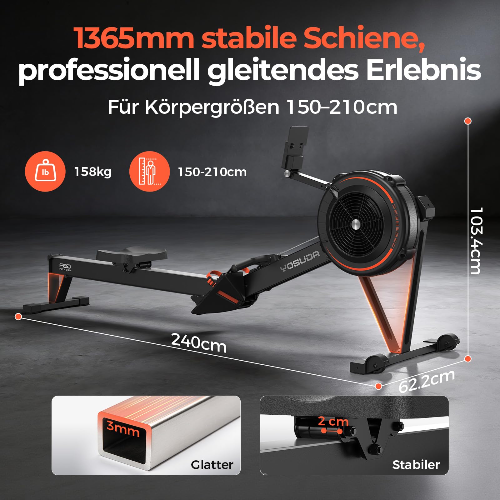YOSUDA R2 Luft Rudergerät für Zuhause Klappbar, Luftwiderstand, Selbstbetriebenes Display, 10-Stufen Widerstand, Alu-Laufschiene für große Menschen, Bluetooth & App, Indoor Rudern zum Cardiotraining