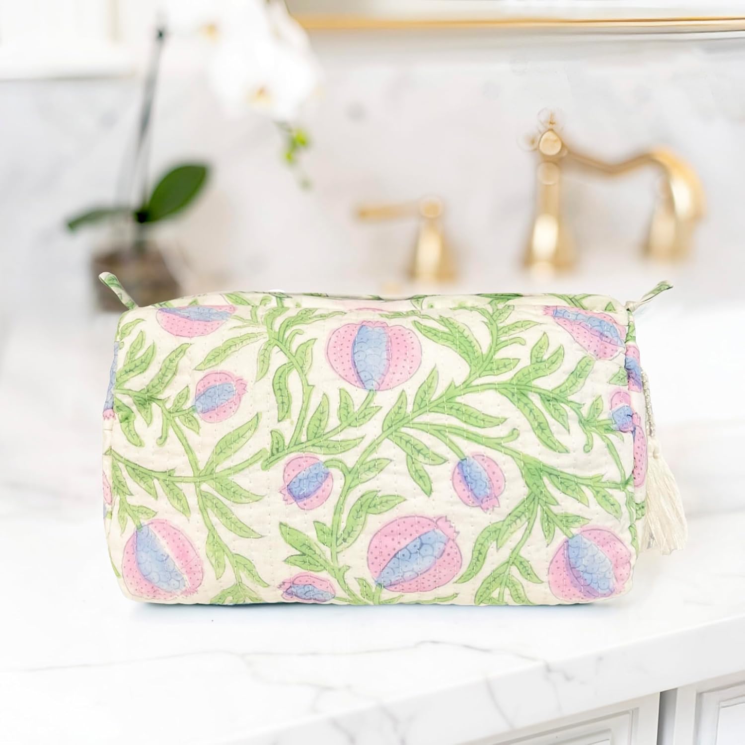 Block Print Designer Toiletry Bag & Makeup Case - Boho Floral Quilted Pouch for Cosmetics - Image 3