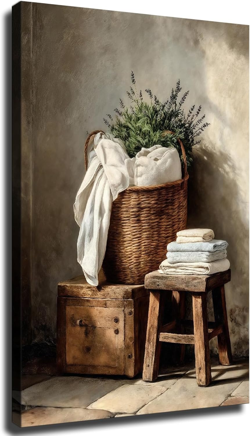 Laundry Wall Art, Rustic Basket and Linen Still Life Canvas Wall Art for Living Room Ready To Hang (Framed,12×18 inch)