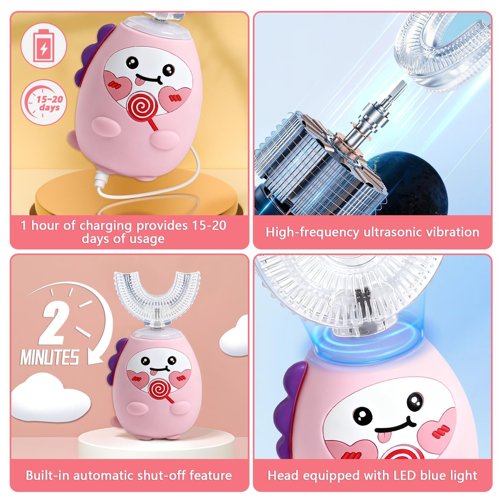 3 cepillos de dientes eléctricos en forma de U para niños, cepillo de dientes ultrasónico automático de 360º para niños pequeños y niños, cepillos de dientes sónicos recargables y accesorios con 2