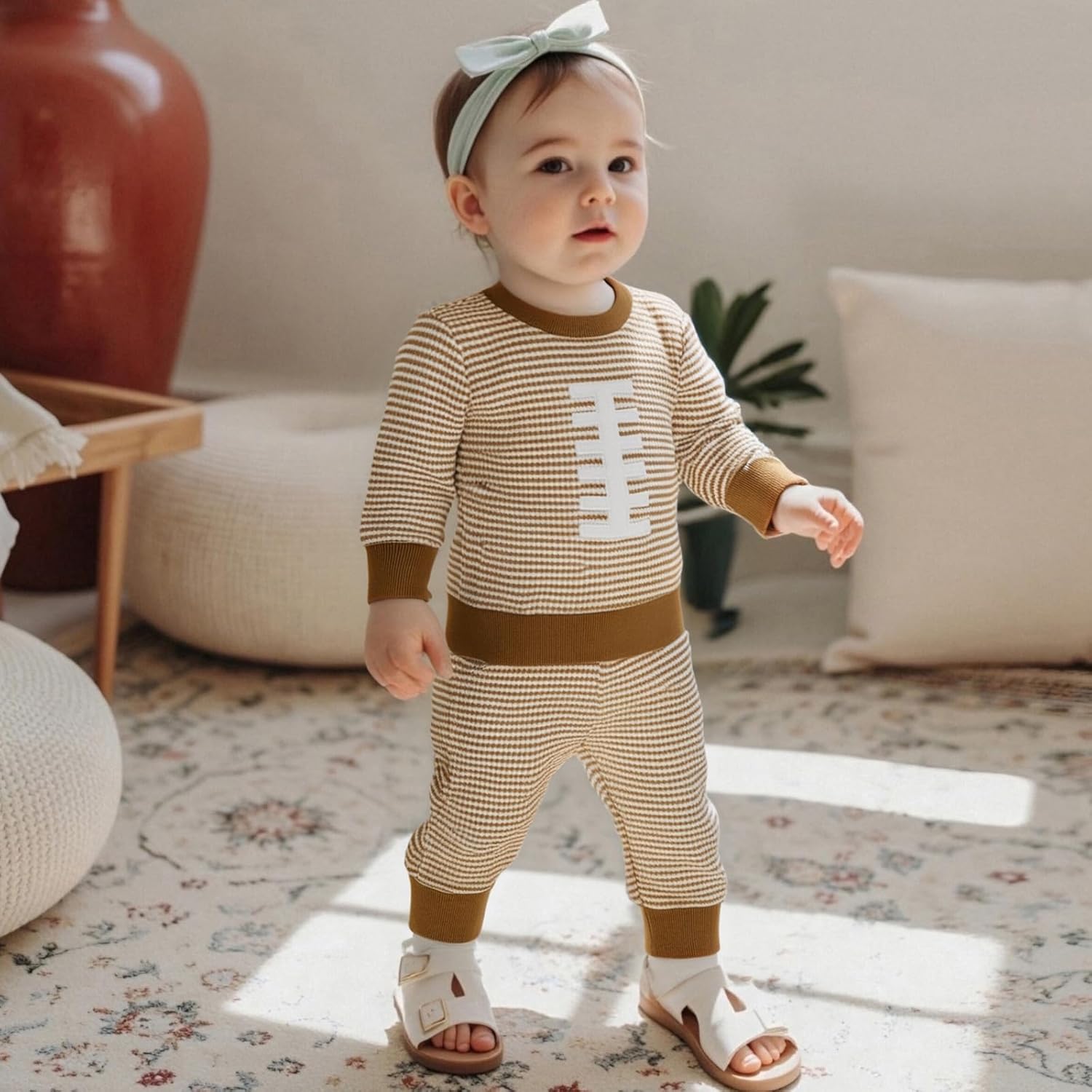 Football Baby Boy Clothes Football Embroidery Waffle Stripe Long Sleeve Sweatshirt Jogger Pants Fall Winter Outfits - Image 3