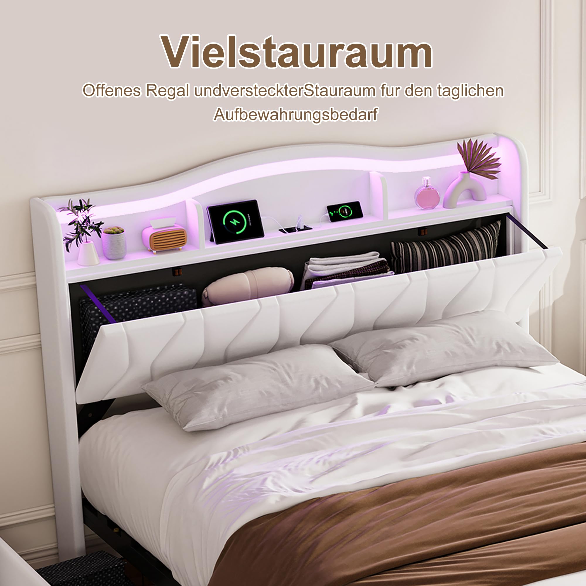 BRILVERDE Polsterbett 160x200 mit Stauraum Schublade, Doppelbett mit LED und USB, Jugendbett mit Kopfteil, Bettgestell mit Lattenrost, Stauraumbett, Samt (Beige, 160 x 200 cm)