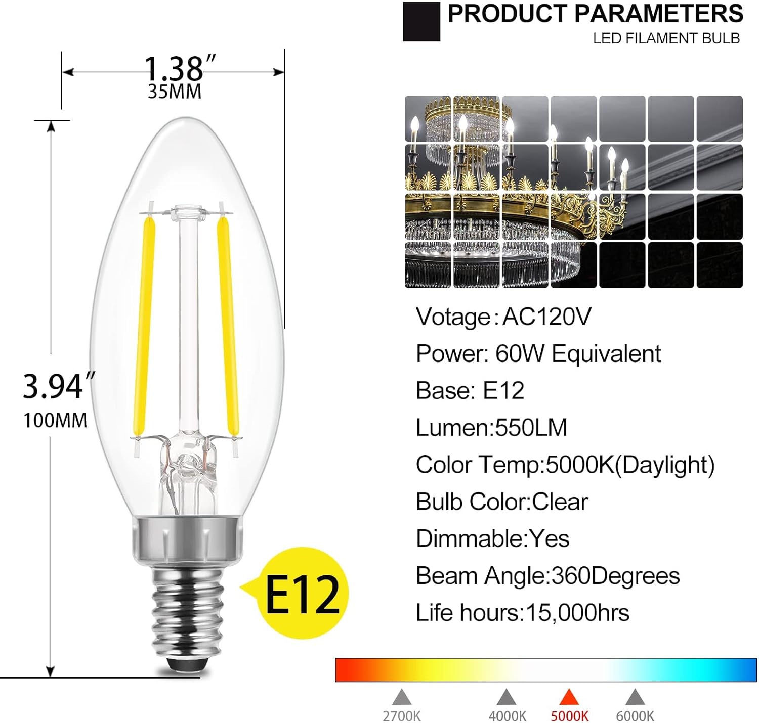Energetic Dimmable E12 LED Candelabra Bulb,60 Watt Equivalent B11 LED Chandelier Bulbs, Daylight 5000K, 550LM, 5 Watt Halloween Christmas Decoration Filament Candle,24pk