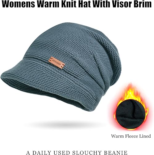 Miniatura 2 de KMOLY Gorro de punto para mujer con visera para invierno, con forro polar, gorro de nieve con calavera