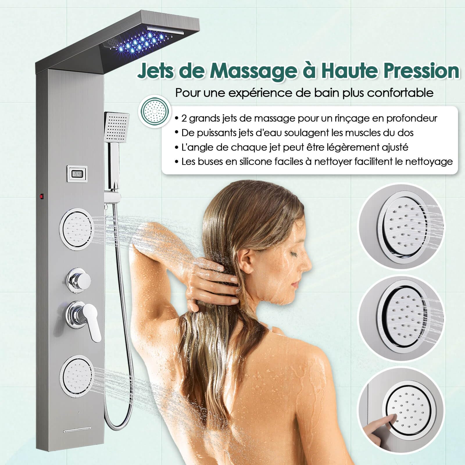 ROVOGO Colonne Panneau de Douche Hydromassante LED avec Robinetterie et Affichage, 5 Modes - Douche de Cascade, Pluie, Douchette, Jets de Massage, Bec de Baignoire, Brossé Acier Inox, Montage Mural