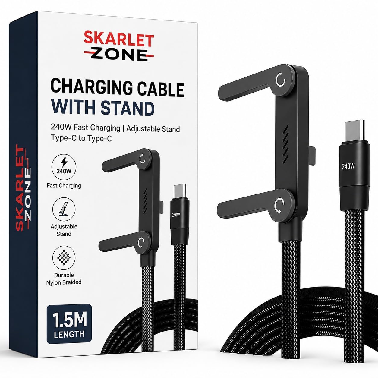2-in-1 Sideways Charging Cable with Stand, Type-C to Type-C Fast Charger Cable,240W Invisible Holder Charger Cable, 1.5M Long Nylon Braided Flat, Compatible with USB-C Phones, Macbook, iPad-picture-10