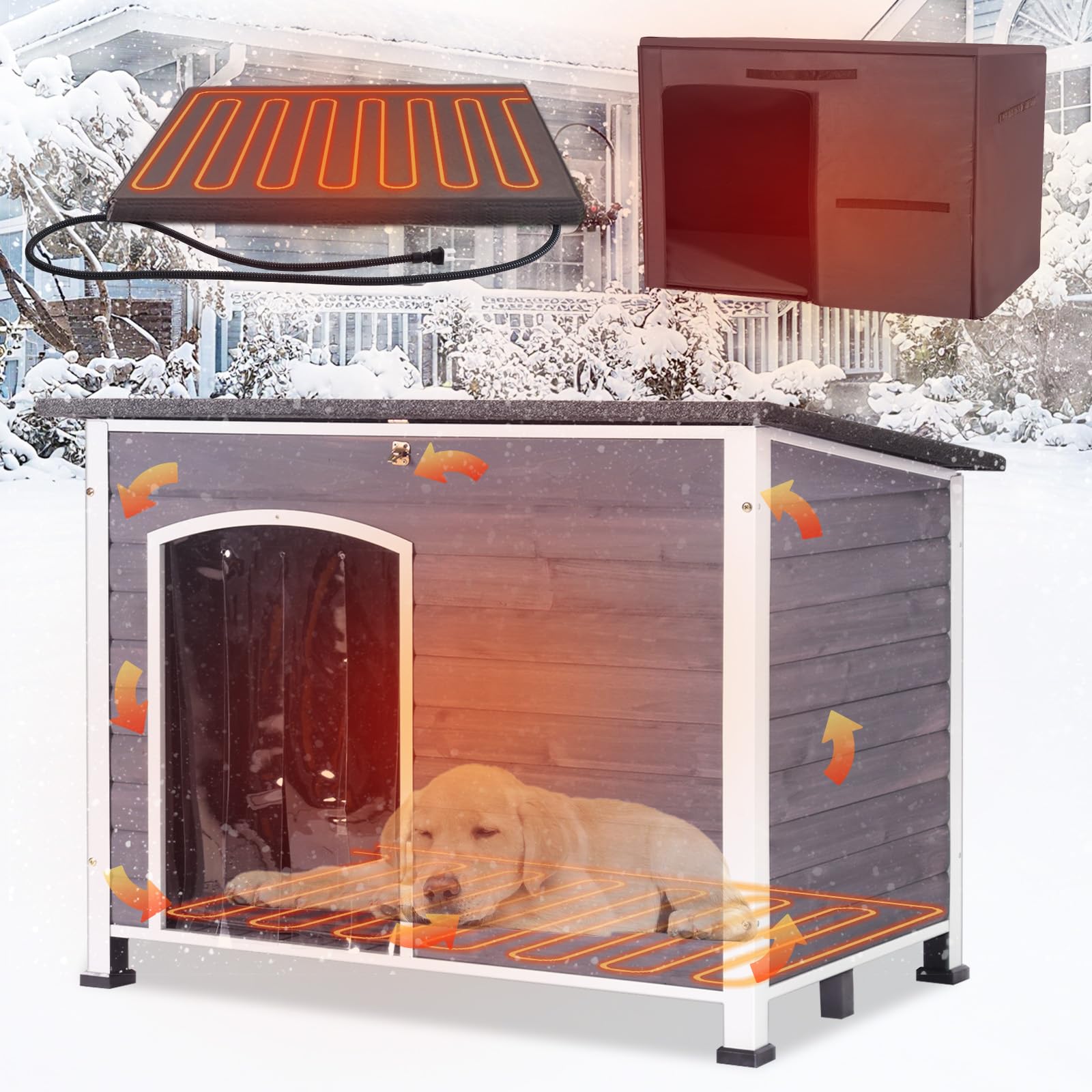 43.3'' Large Heated Outdoor Dog House Weatherproof with Anti-bite Metal Frame, Insulated Dog Kennel with Heating Pad for Outside, Dog Shelter for Small to Large Dogs (Grey with White)