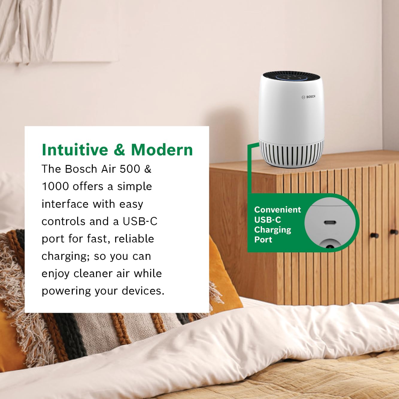 Bosch - Purificatore d'aria per la casa, piccoli spazi (coperture, 500 mq), filtro 2 in 1 per polline, fumo, polvere, peli e inquinamento esterno, odori, HEPA, Air 500, bianco