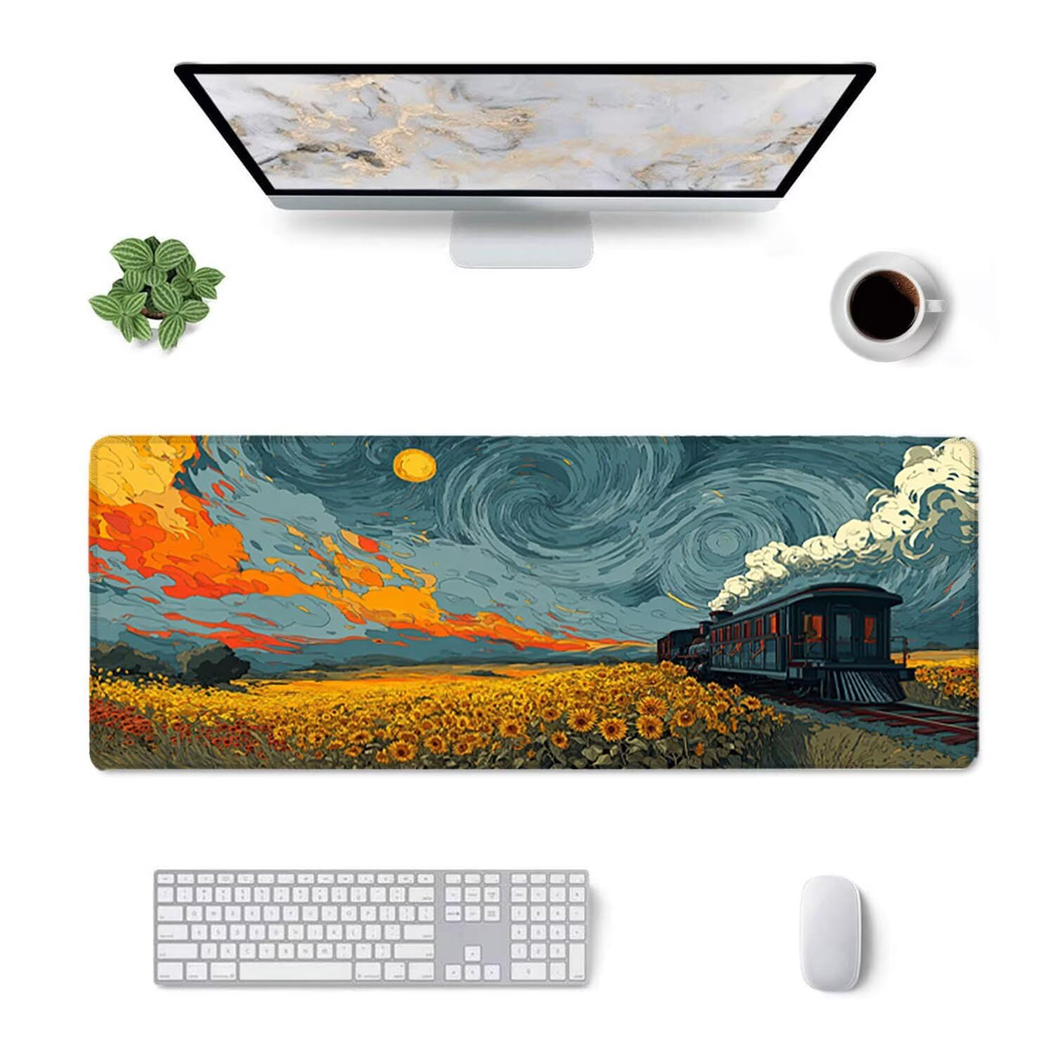 Tapis de Souris Gaming XXL (1200x600mm) - Grand Tapis Bureau Antidérapant Étanche Bords Cousus Caoutchouc Naturel pour Gamer PC Portable Bureau - Précision Vitesse Confort Le Train Sunflower G-842
