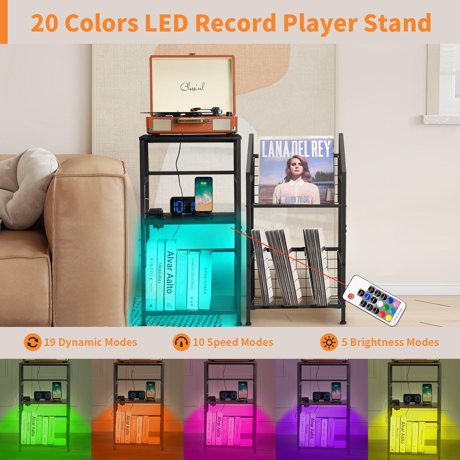 LAKEMID Record Player Stand with LED light strip displaying various colors and remote control
