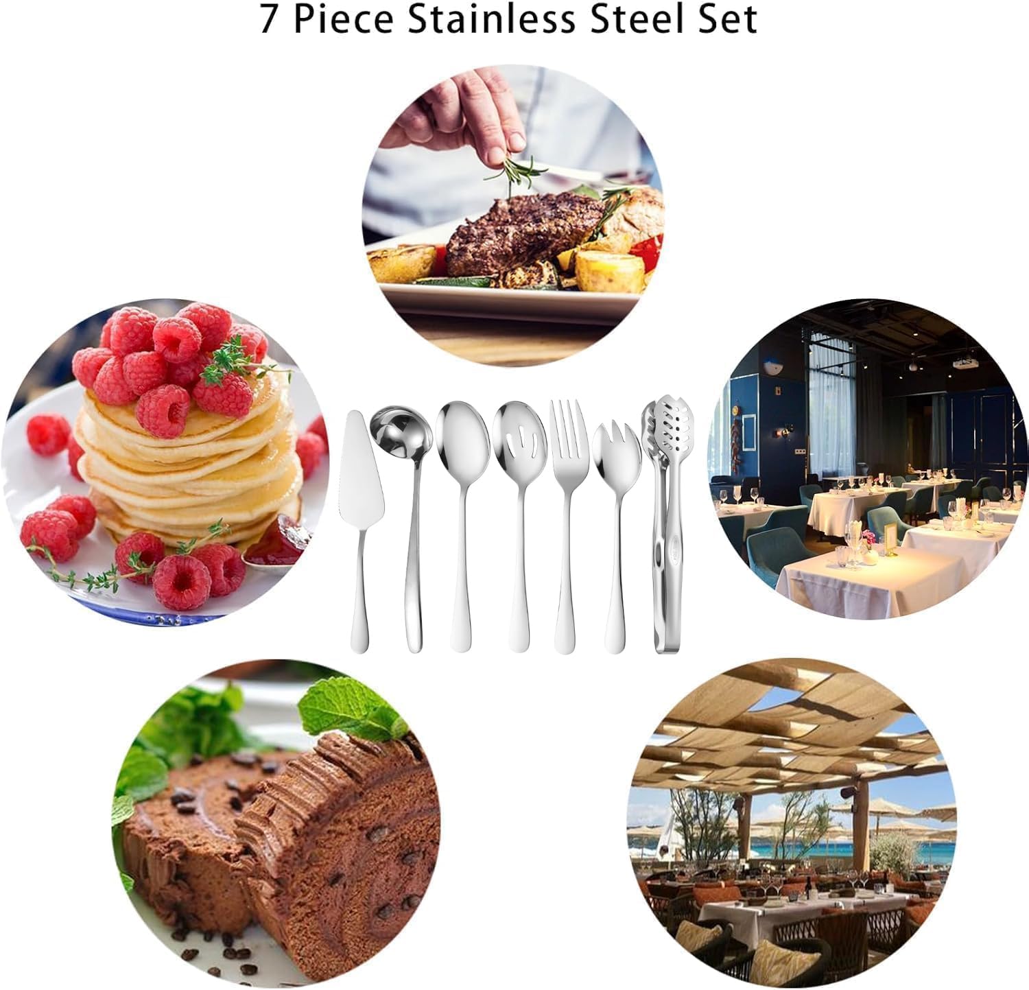 Silver Flatware - Juego de 7 piezas de acero inoxidable que incluye cucharas de servir, cuchara ranurada, pinzas para servir, tenedor de servir, tenedor de ensalada, cucharón de sopa, servidor de