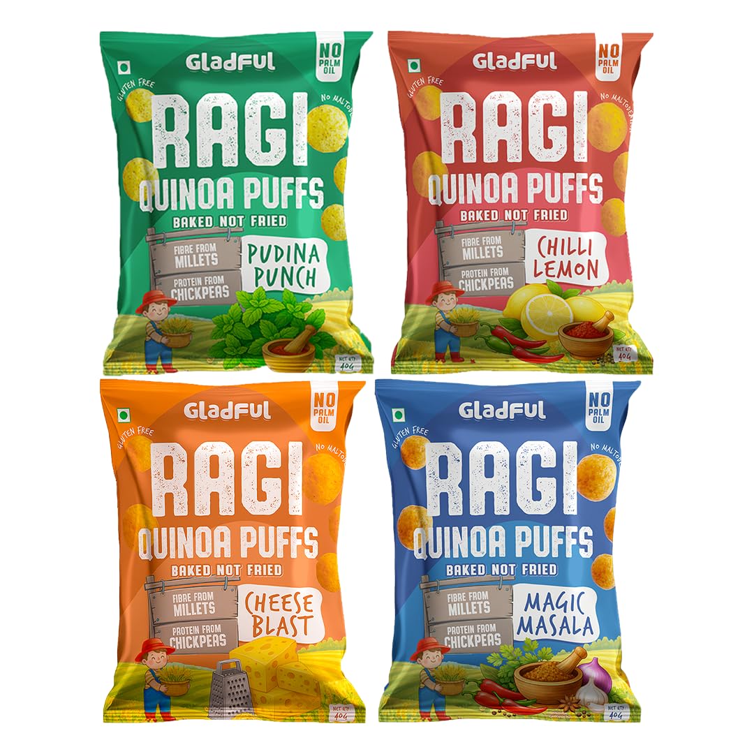 Gladful Ragi Quiona Puffs | Combo Pack of 4 | Millet Puffs | No Palm Oil | No Maida | No Trans Fat | No Cholestrol | No Maltodextrin | Flavors - Magic Masala, Cheese Blast, Pudhina Punch, Chilli Lemon | All Flavors-image-32