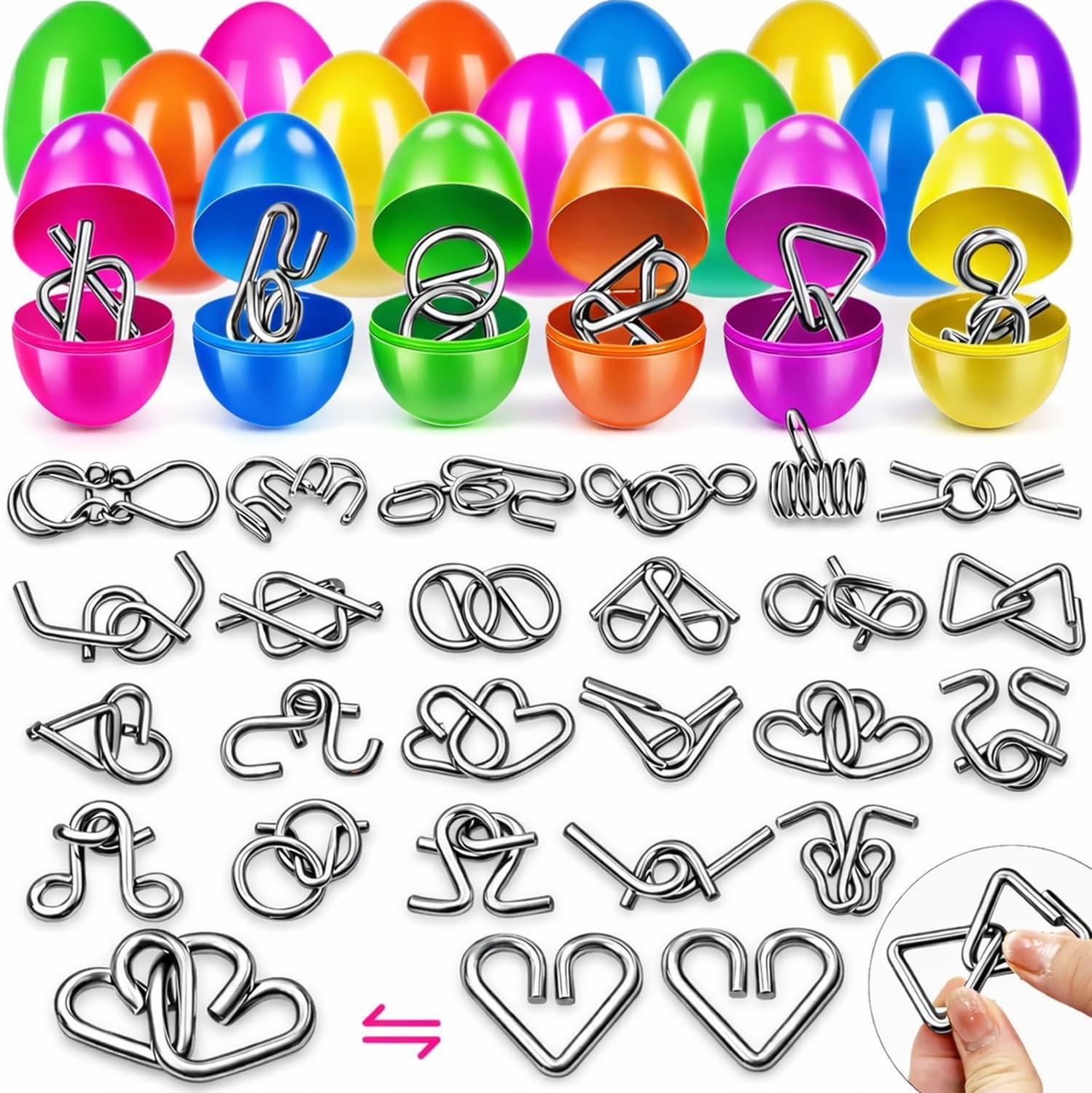 24 Pack Easter Eggs with Metal Brain Teaser Puzzles , Filled Easter Egg Surprise Toys for Kids Party Favors Classroom Prizes Gifts for Boys & Girls