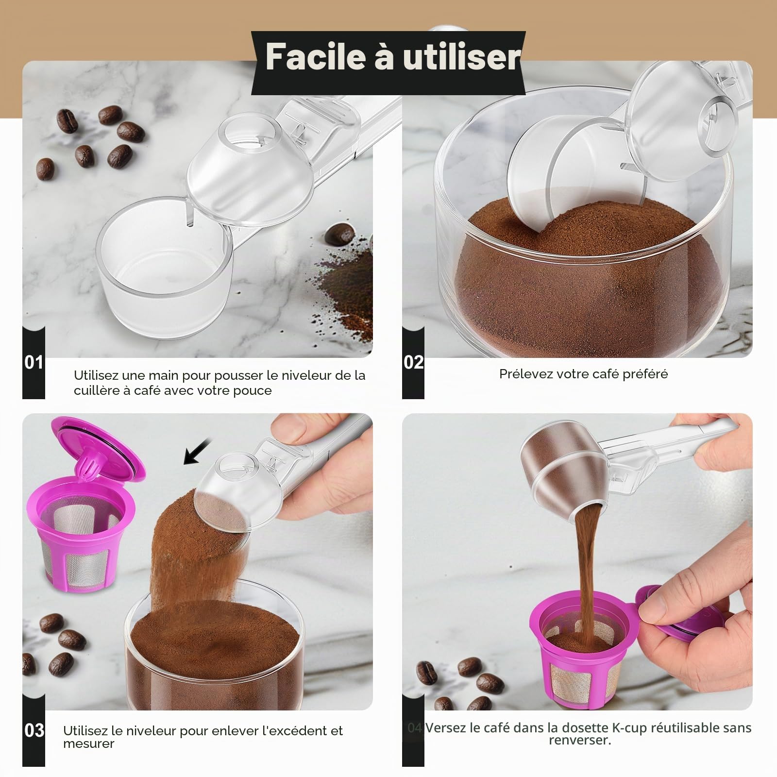 Lot de 2 cuillères à café et entonnoir pour dosettes de café réutilisables et rechargeables, capacité de 2 cuillères à soupe, pelle avec entonnoir pour café moulu, poudre de protéine, thé (transparent