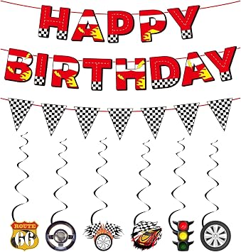 Cars Birthday Decorations, Pre Strung Car Themed Birthday Bannner with Checkered Flag Bunting Racing Spiral for Themed Party