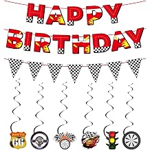 Cars Birthday Decorations, Pre Strung Car Themed Birthday Bannner with Checkered Flag Bunting Racing Spiral for Themed Party