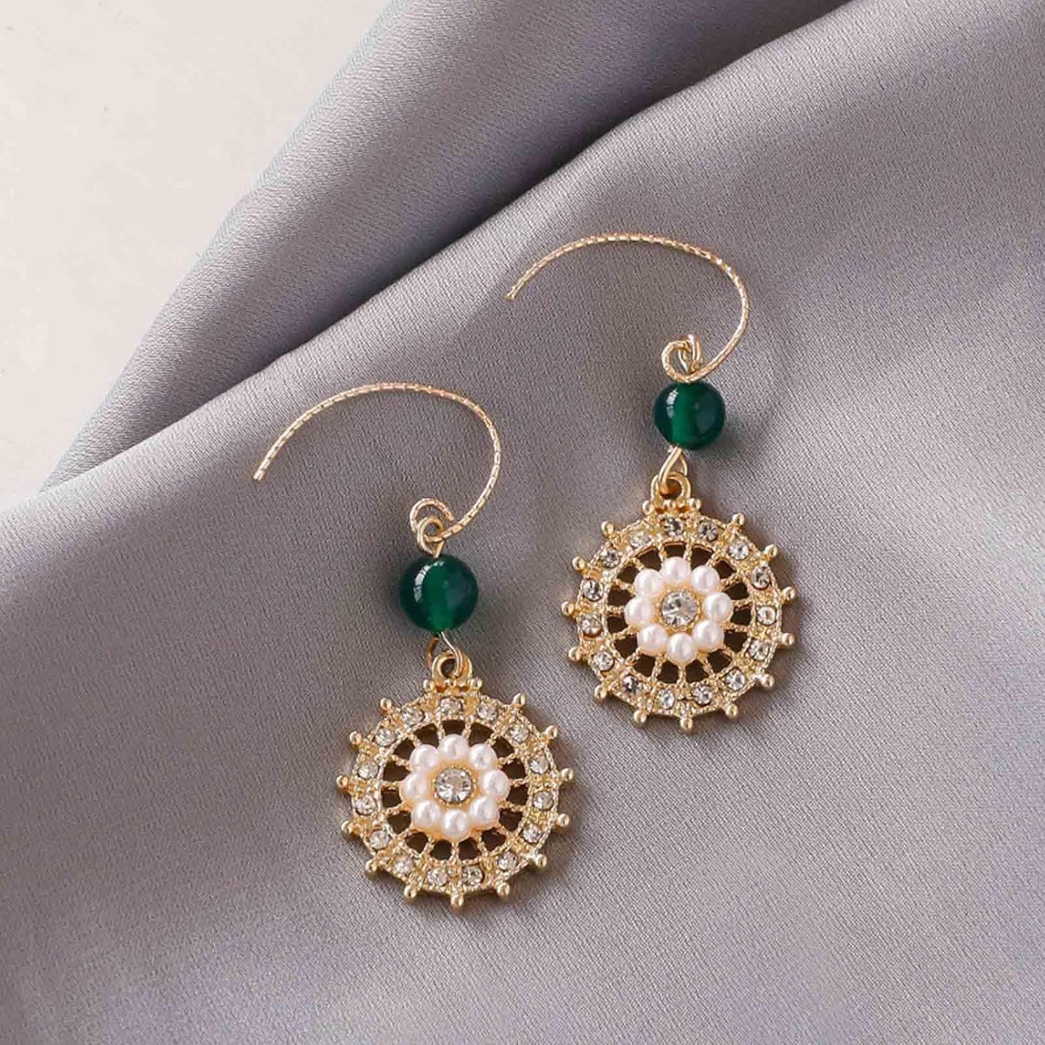 W WEILIRIAN Crystal Round Drop Earrings Vintage Pearl Bead Earrings Circle Dangle Hook Earrings Green Bead Earrings Jewelry for Women and Girls Gifts - Image 3