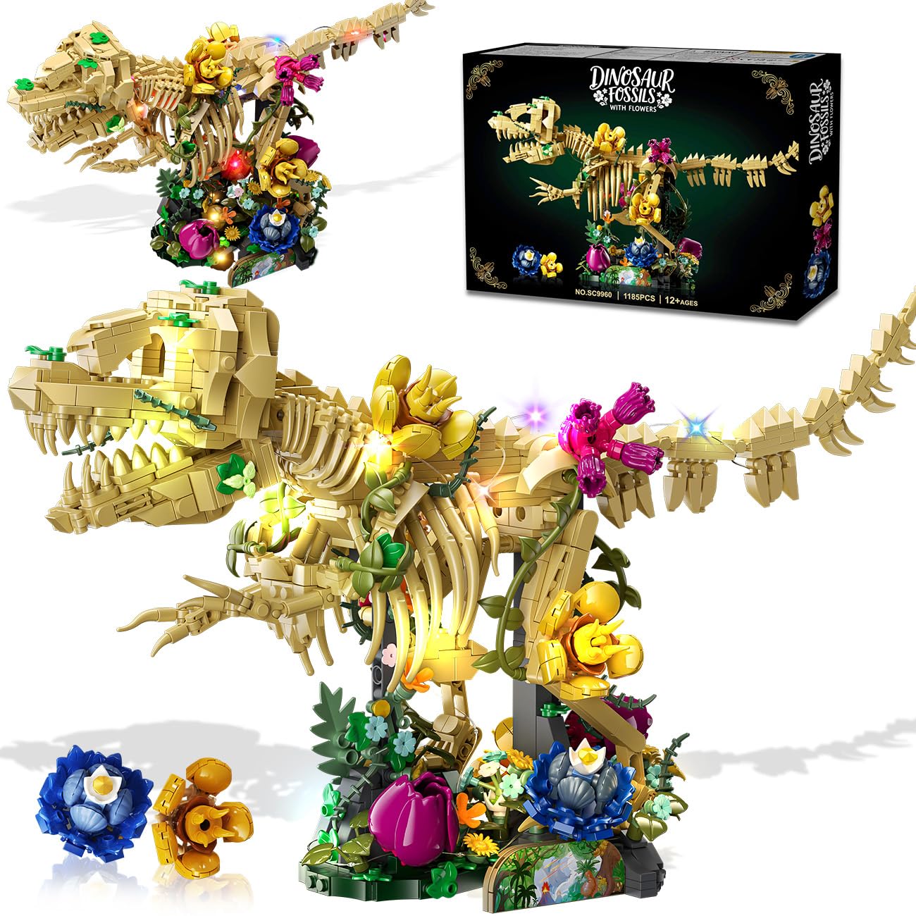 CUBIMANA Fossile de Dinosaure avec Fleurs et lumière LED, 1185 PCS Jeu de Construction botanique Dino, Maquette de Squelette pour décoration intérieure, Cadeau pour Adultes et Adolescents