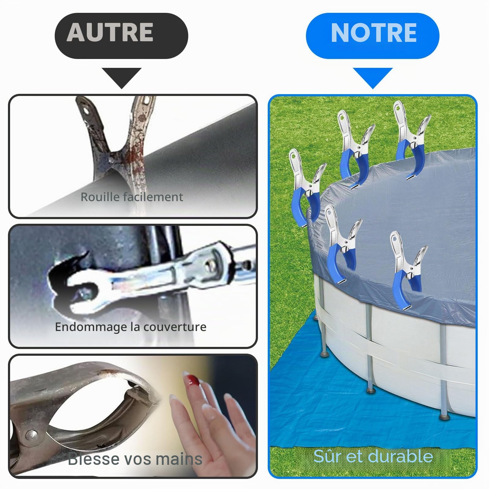12 Pièces Métalliques pour Pince Serre Joint, Pince Bache Piscine de Fixation avec Feuille de Protection, Pinces pour Piscines Hors Sol, Pinces à Forte Tension pour Bâche de Couverture