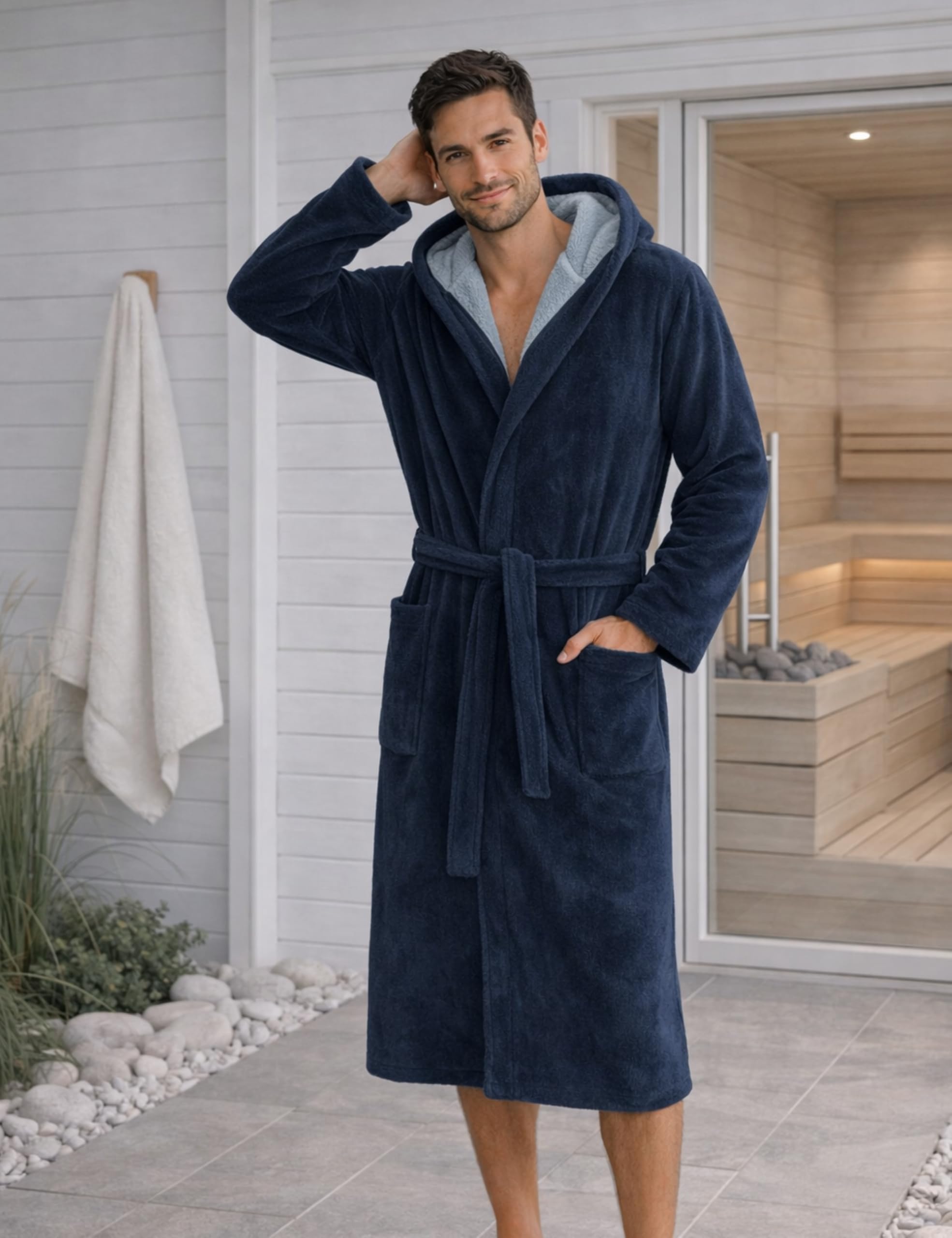 Morgenstern Accappatoio da uomo con cappuccio in spugna di velluto lungo Oeko-Tex Cappotto da sauna Marc