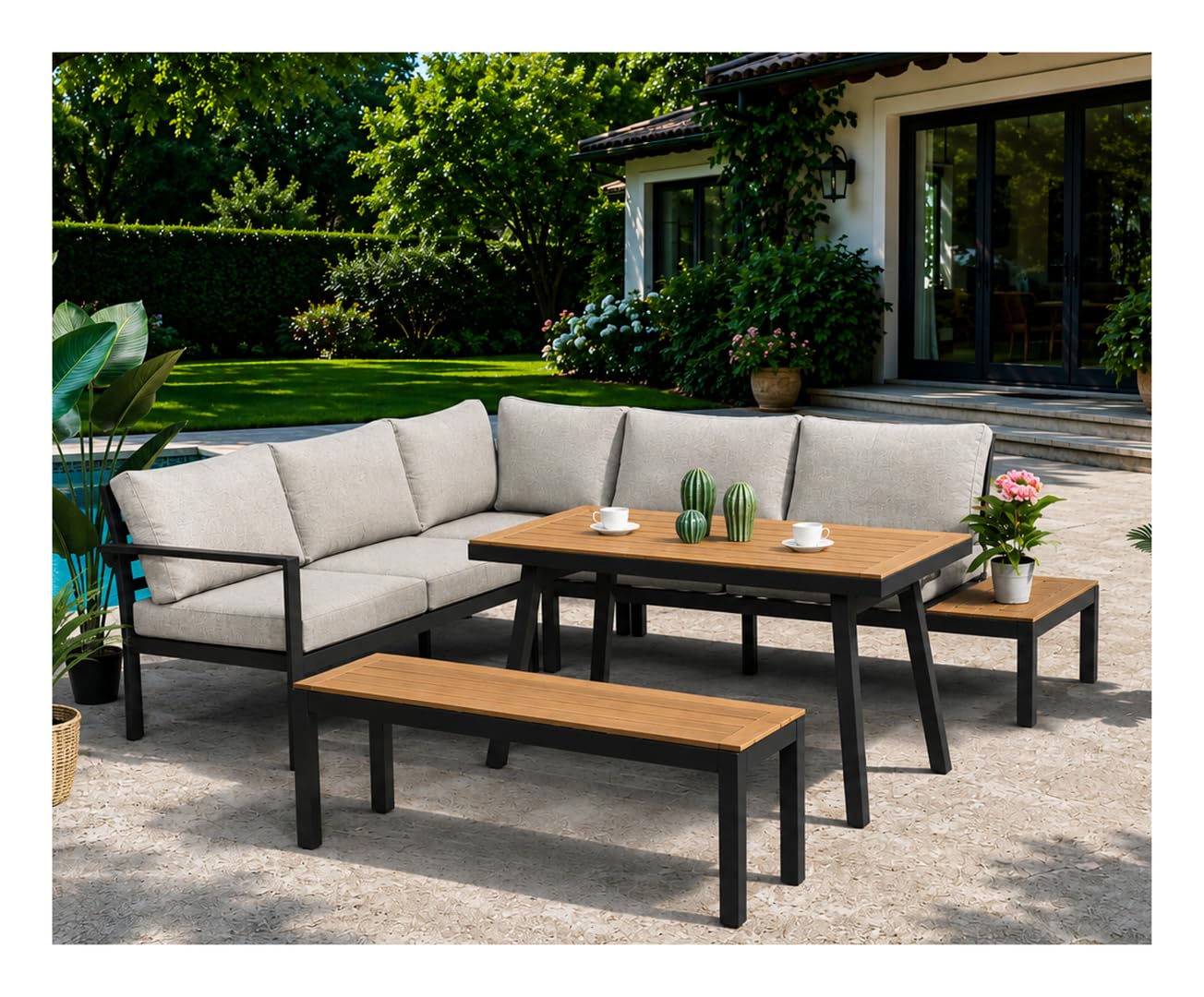 ALEOS. Gartenlounge wetterfest bis 7 Personen Lounge Aluminium Teakholz mit Bank OUTDOOR Polster Kissen Olefin BRASILIA Loungeecke Loungegarnitur Sitzgruppe Sofagarnitur Esstischlounge anthrazit beige