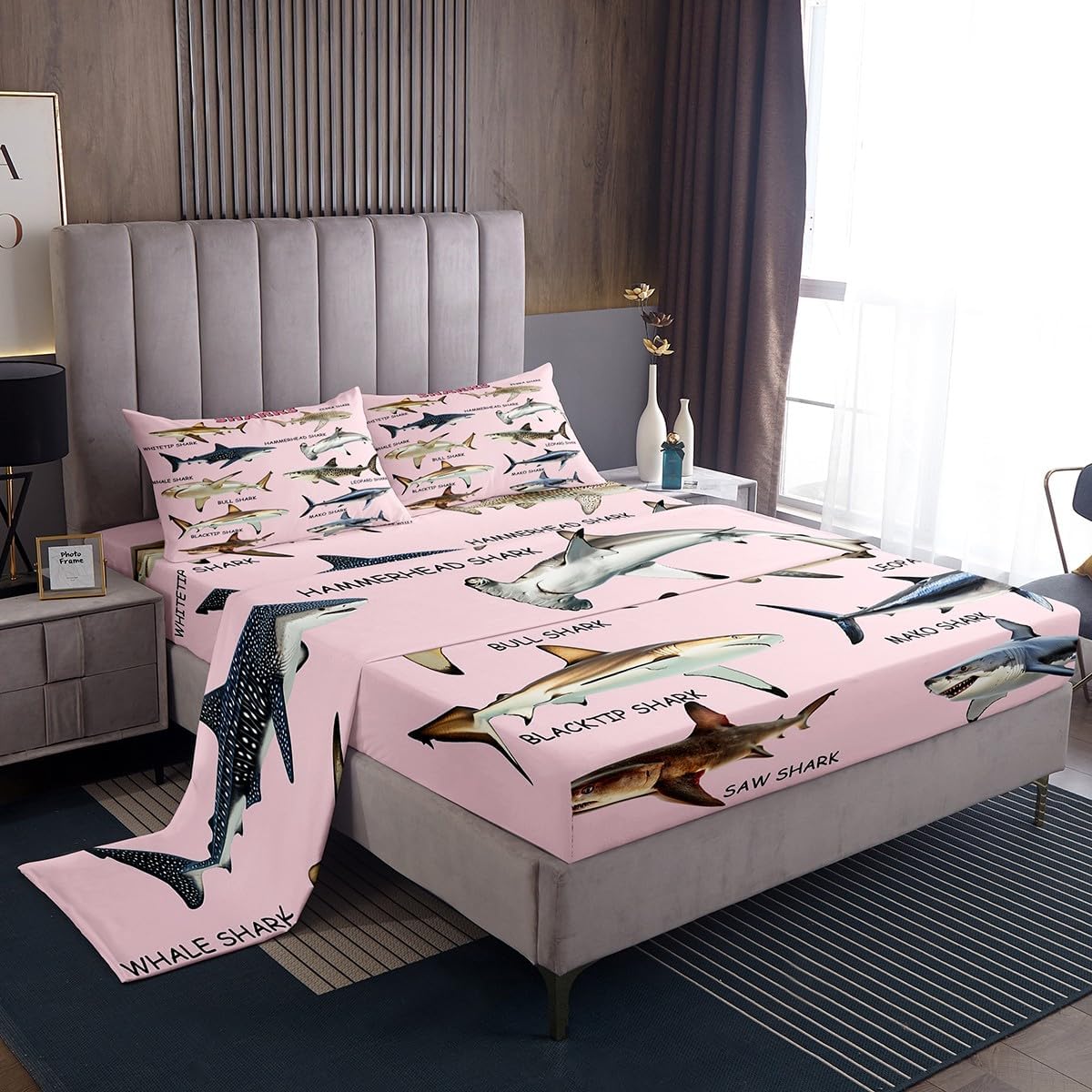 Erosebridal Girls Shark Sheet Set Full,Shark Animals Bed Sheets Set,Wild Sealife Sheets Modern Simple Pink Flat Fitted Sheet Summer Bedroom Decor,Fishing and Hunting Theme Bed Set with 2 Pillowcases