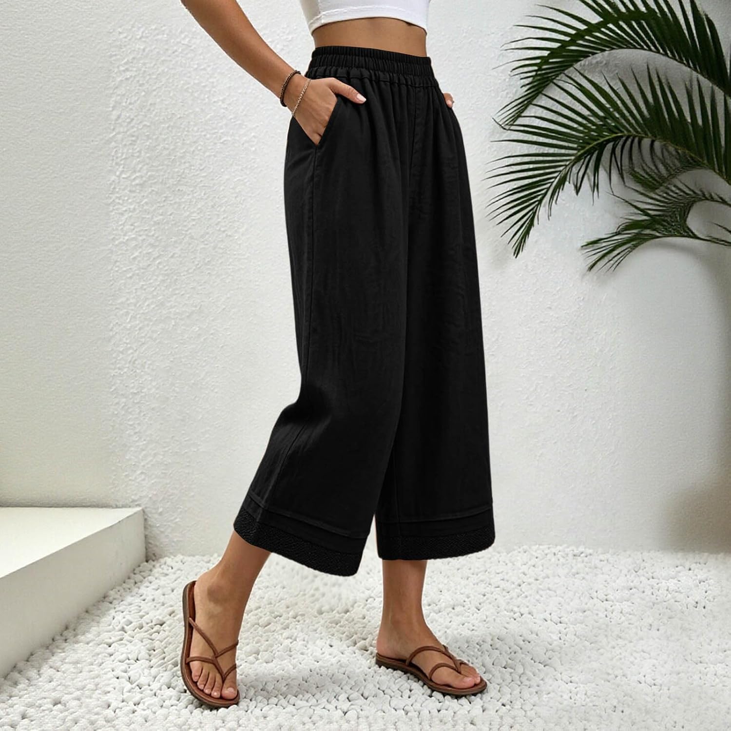 Womens Straight Wide Leg Capri Pants High Waist Loose Cropped Lace Trim Pant Summer Lounge Trousers Culottes
