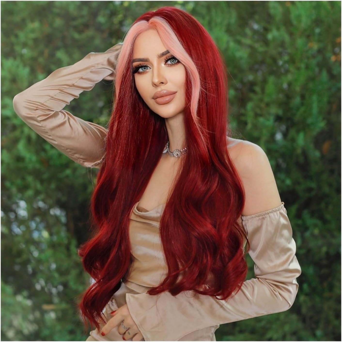 女性用かつら 毎日コスプレパーティー合成ハイライトピンク髪ウィッグロリータ耐熱ロング波状中間部ワインレッドウィッグ女性のための 前髪