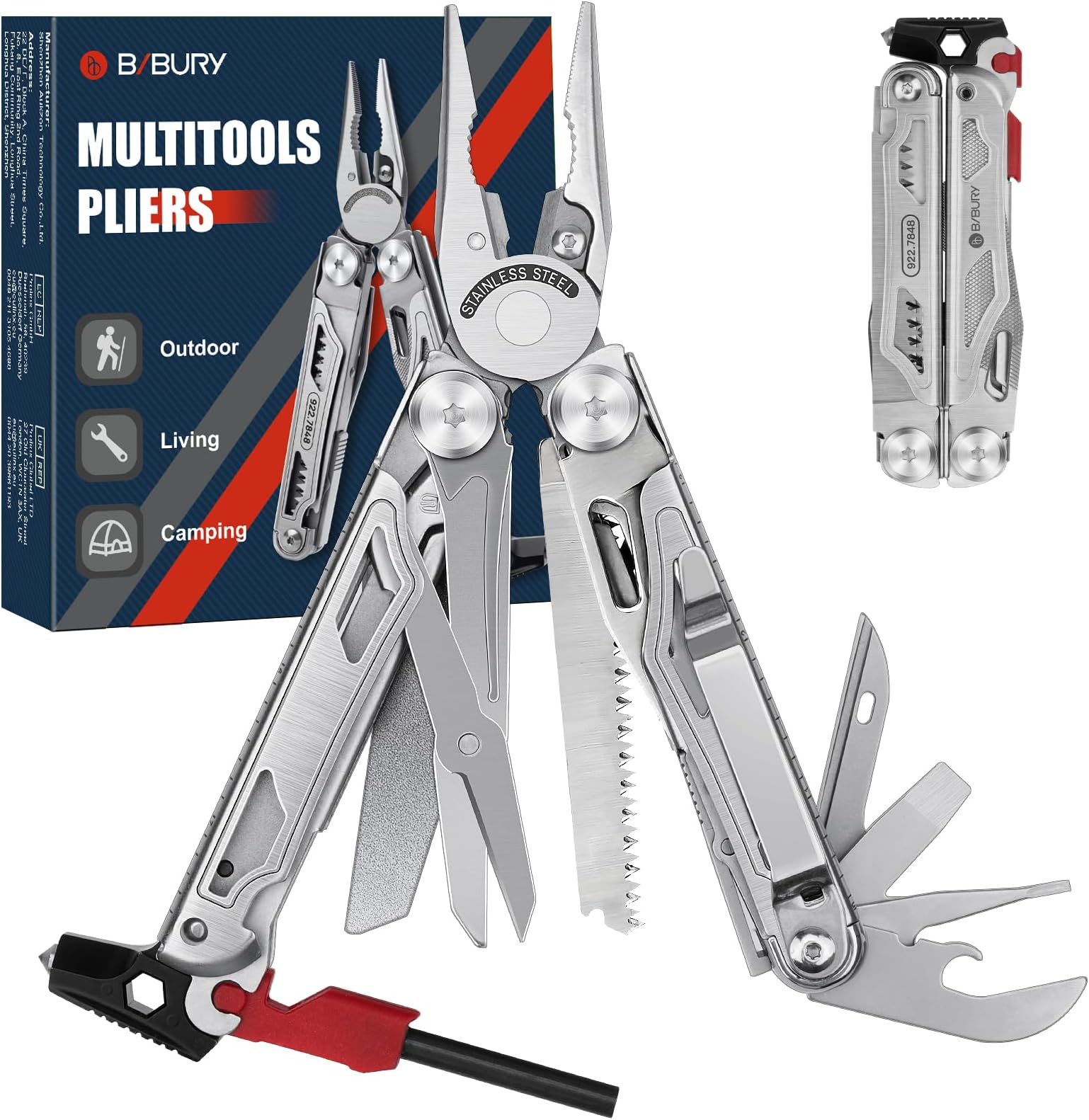 Multitools, Camping Multi Tool Foldable Pliers with Upgraded Scissors and Hammer, Stainless Steel Multitools with Nylon Pouch, Ideal for Outdoor, Hiking - Gift for Dad Men Christmas Gifts