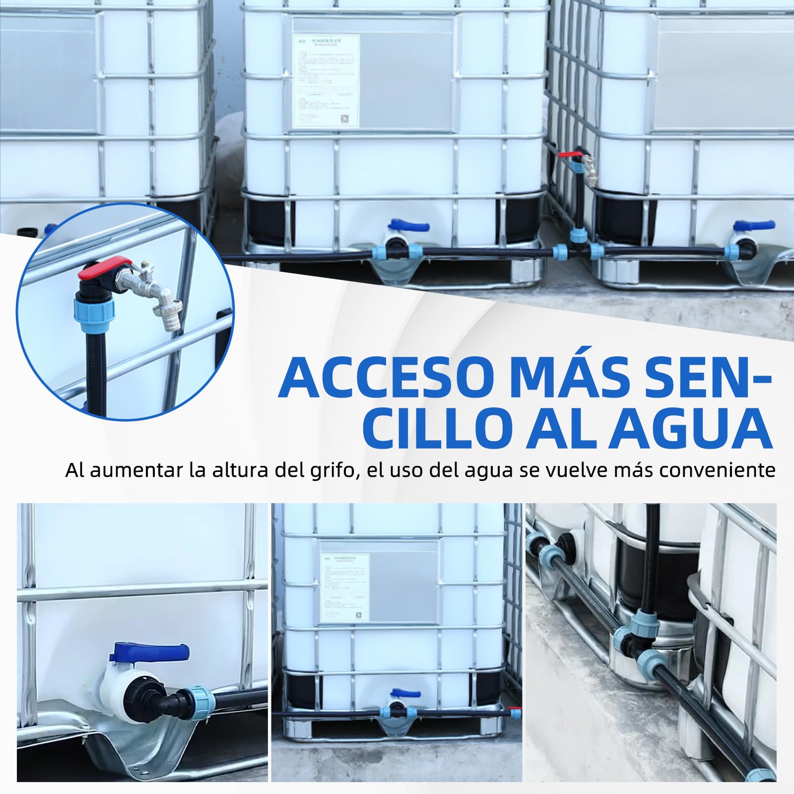 IBC - Kit de conexión para 3 depósitos IBC o barriles de lluvia, incluye grifo de cuello de cisne de 3/4", salida con conexión de manguera, ideal para riego de jardín