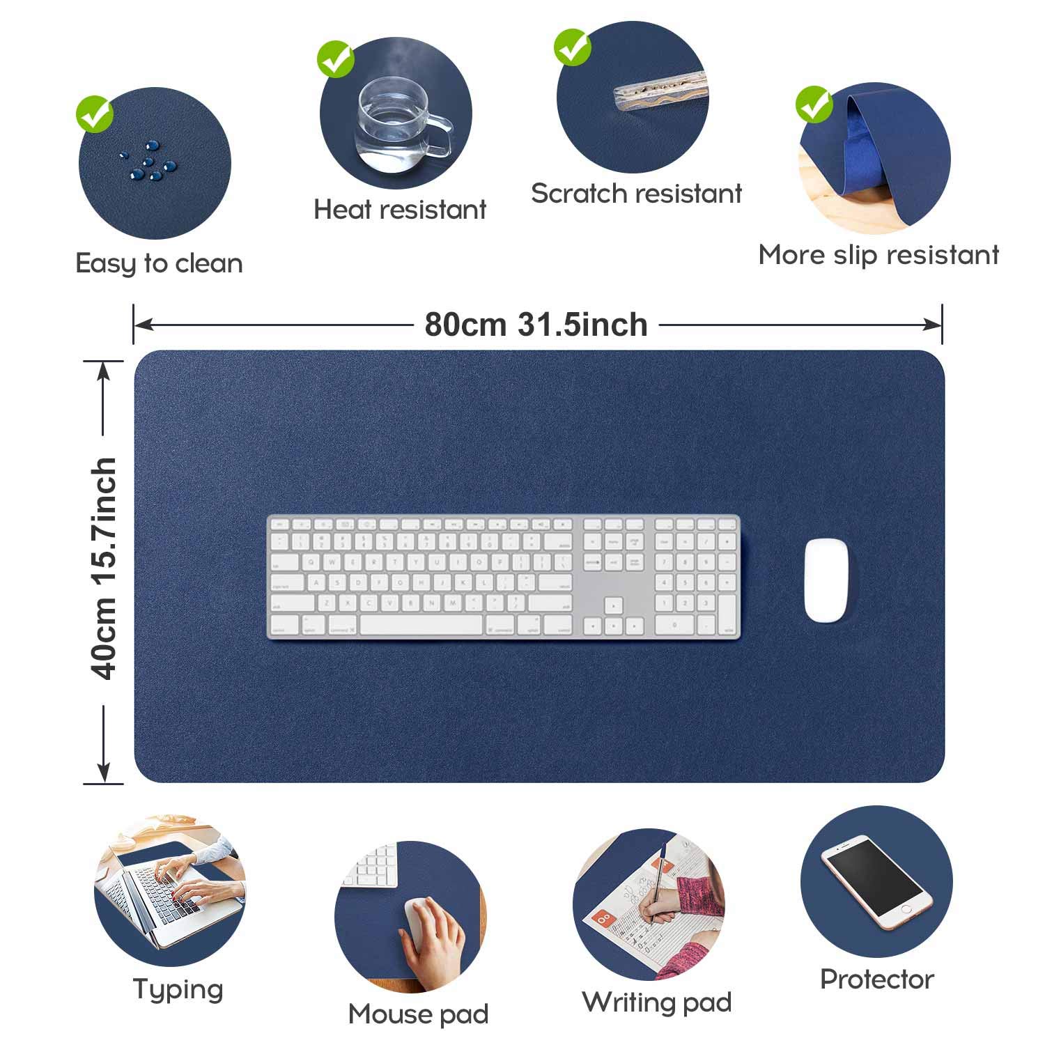 DOBAOJIA Tappetino per Mouse Grande Mouse Pad Mat XL Sottomano da Ufficio Tappetino da Tavolo Pad per Scrivania Laptop, Pelle PU Impermeabile + Scamosciata Antiscivolo 80 x 40cm (Blu Scuro)