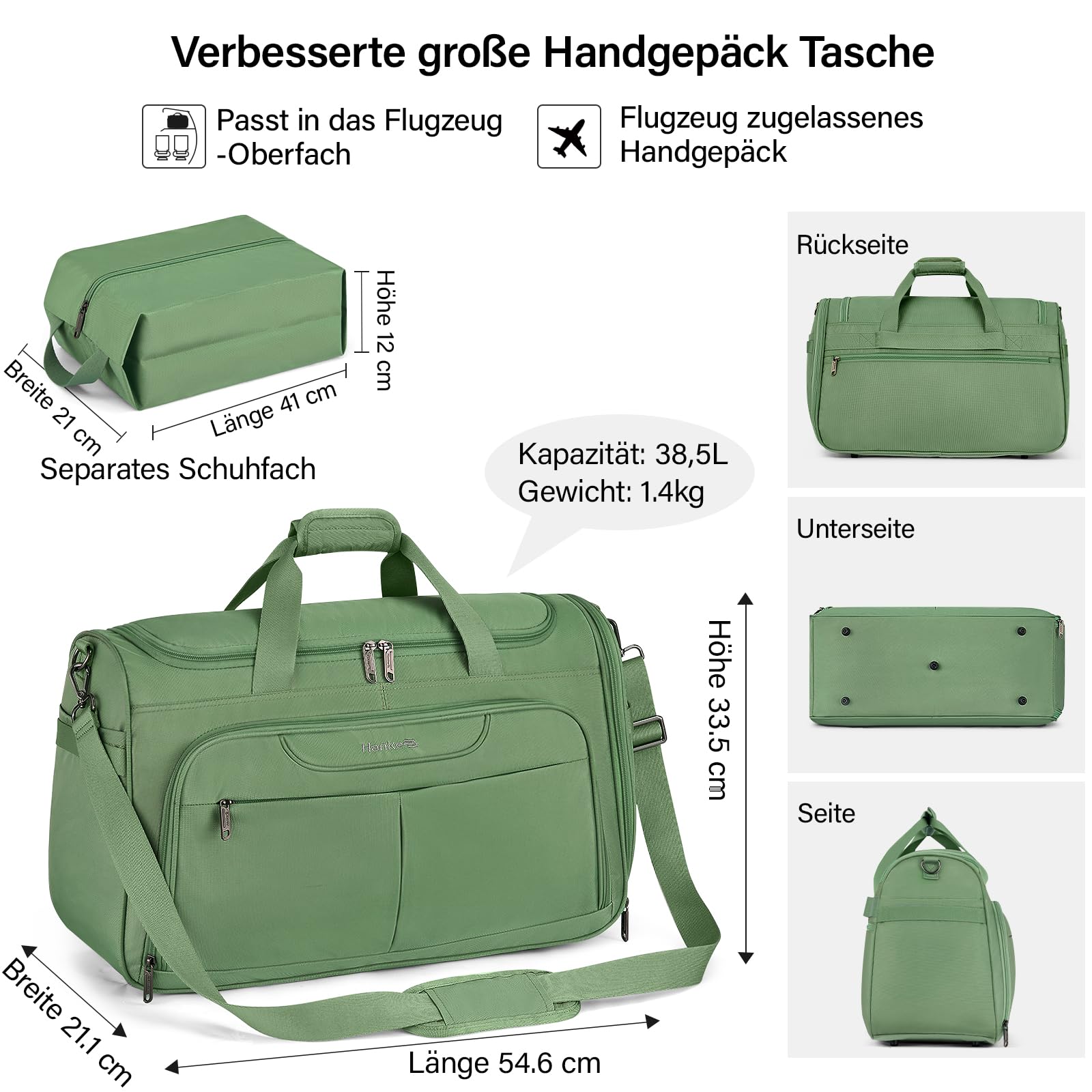 Hanke 36.5L Faltbare Reisetasche Leichte wasserdichte Handgepäck Tasche Sporttasche Damen Carry on Luggage Cabin Bag Gym Bag Travel Bag für Herren Damen, Waldgrün